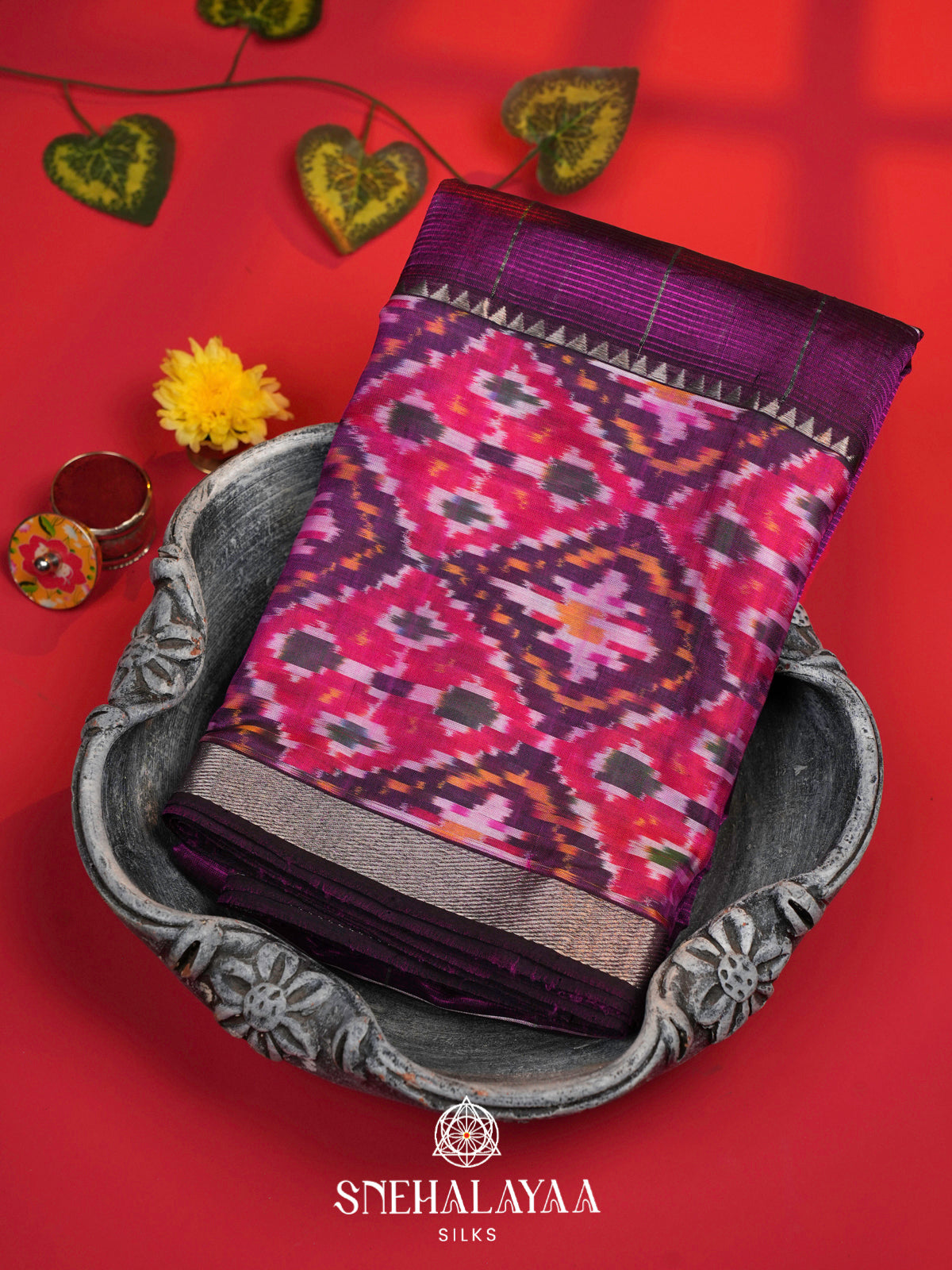 Magenta Mangalagiri Silk Cotton Saree with Ikat Border