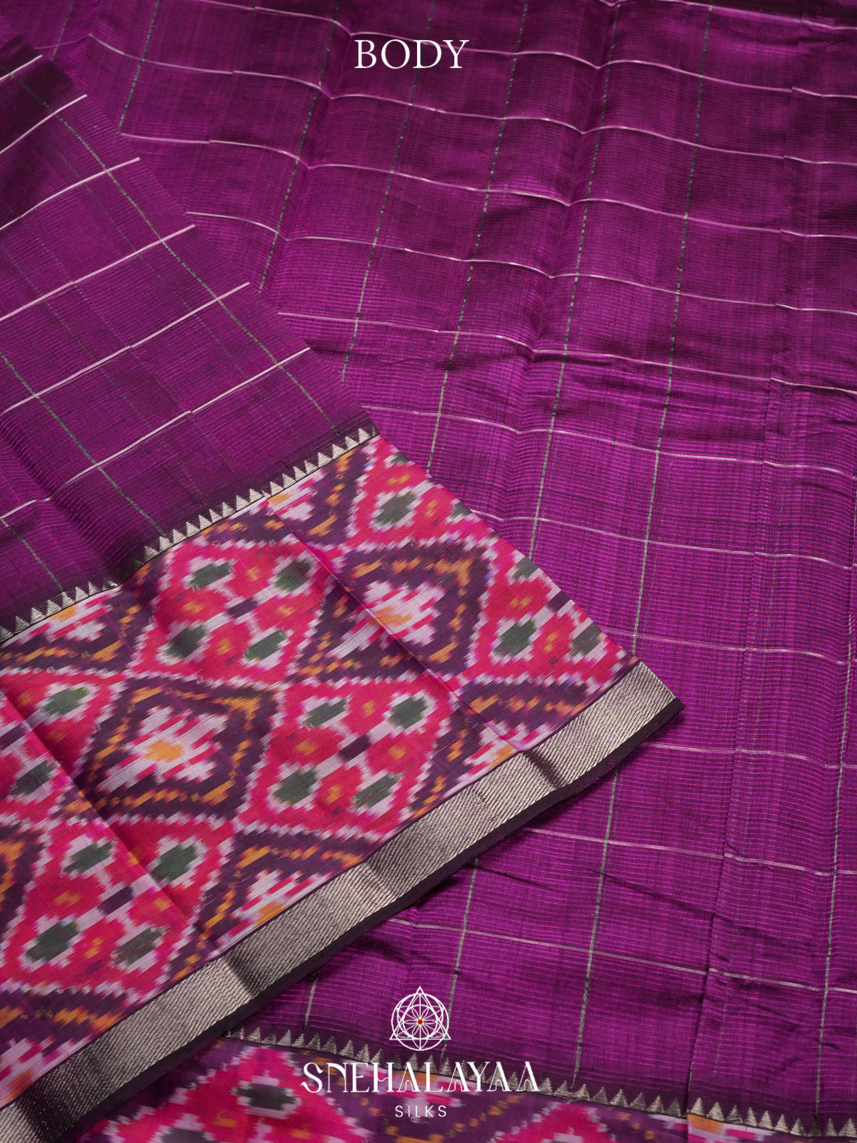 Magenta Mangalagiri Silk Cotton Saree with Ikat Border