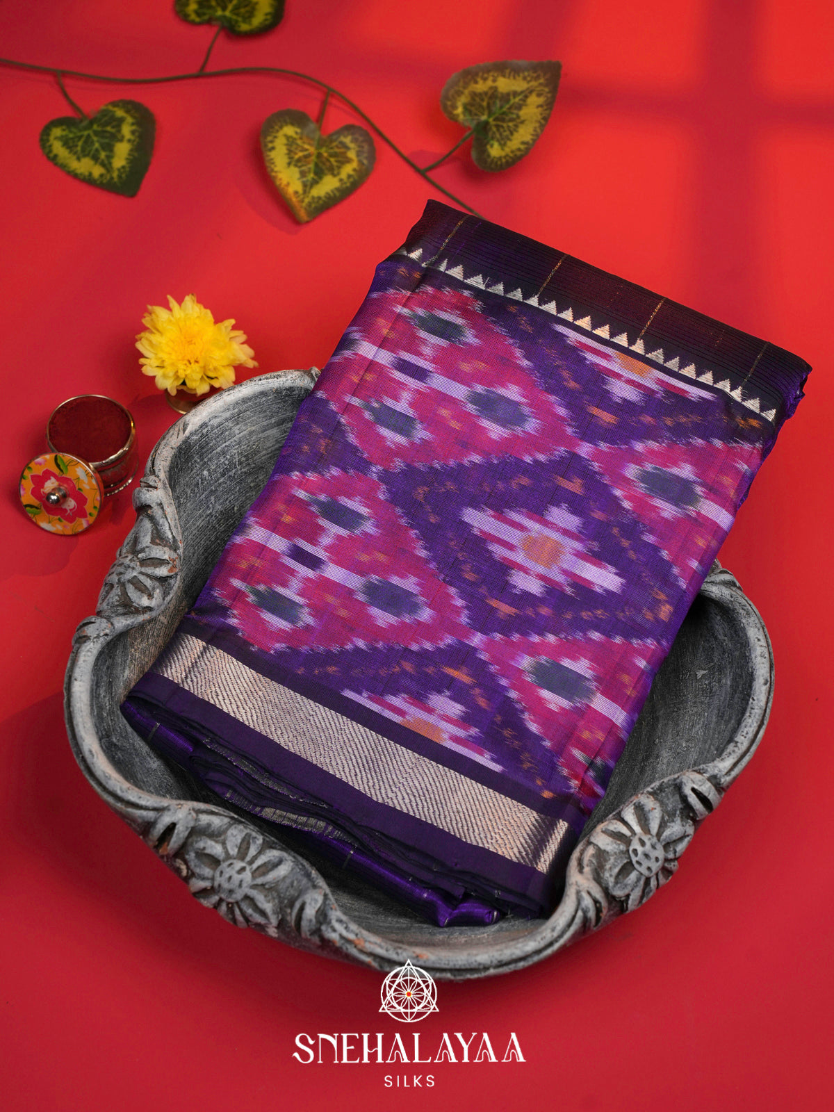 Purple Mangalagiri Silk Cotton Saree with Ikat Border