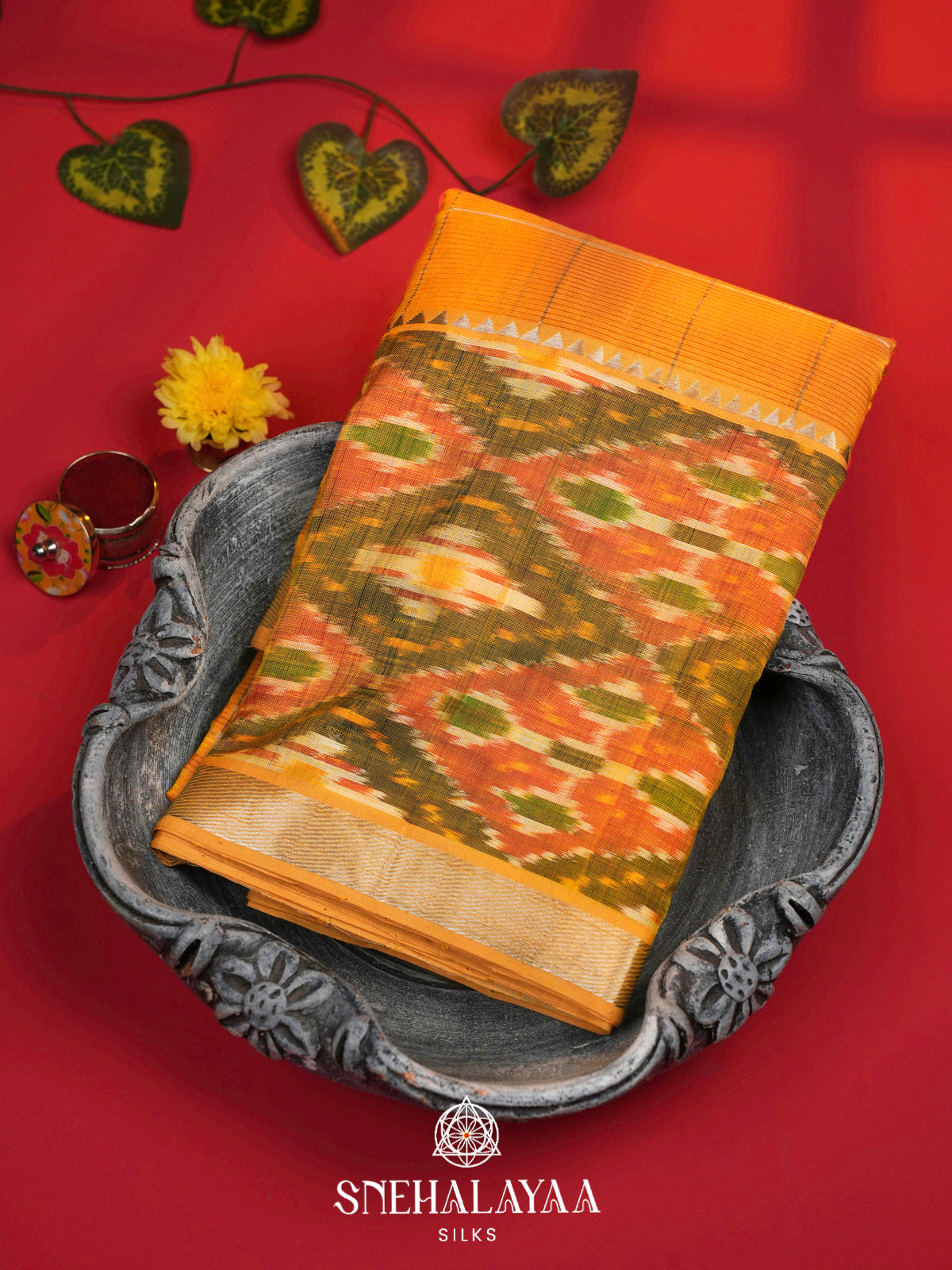 Mustard Yellow Mangalagiri Silk Cotton Saree with Ikat Border