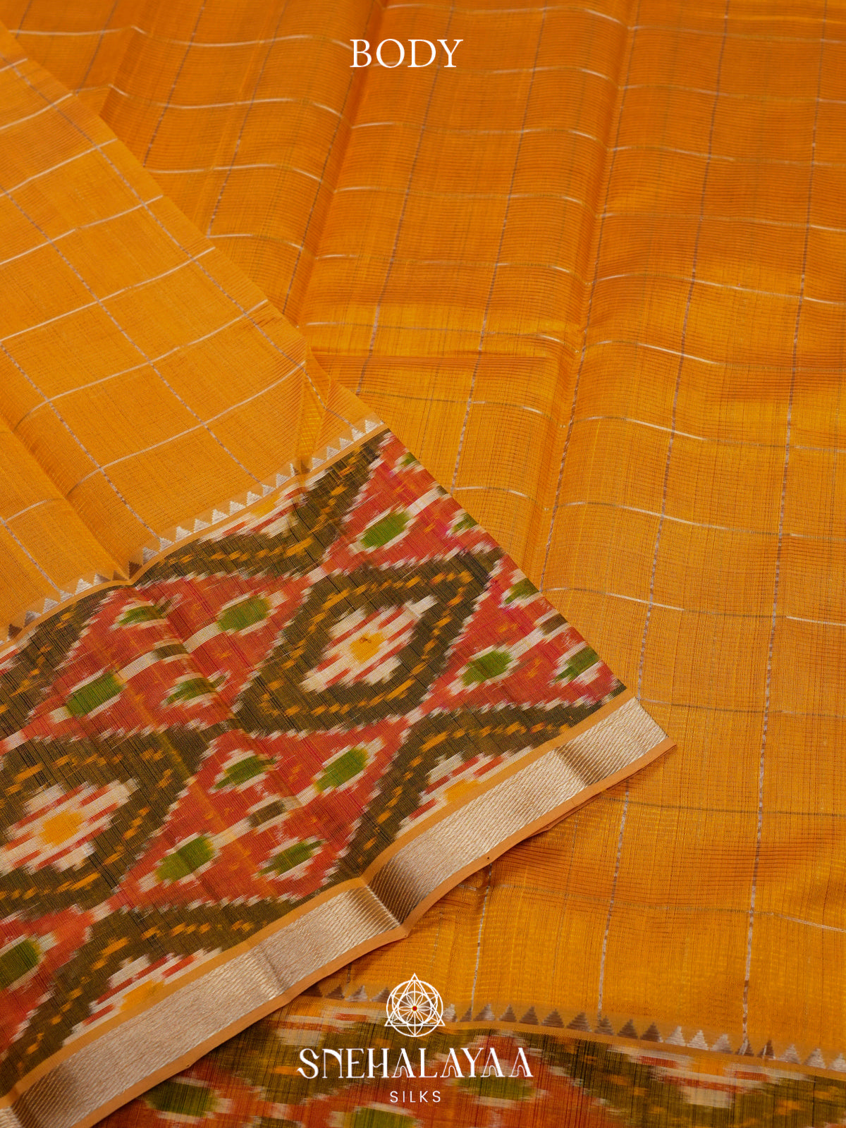 Mustard Yellow Mangalagiri Silk Cotton Saree with Ikat Border