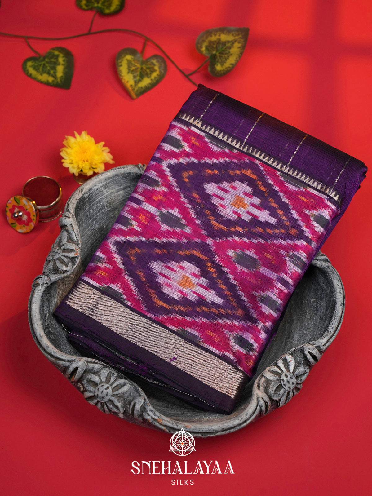 Purple Mangalagiri Silk Cotton Saree with Ikat Border