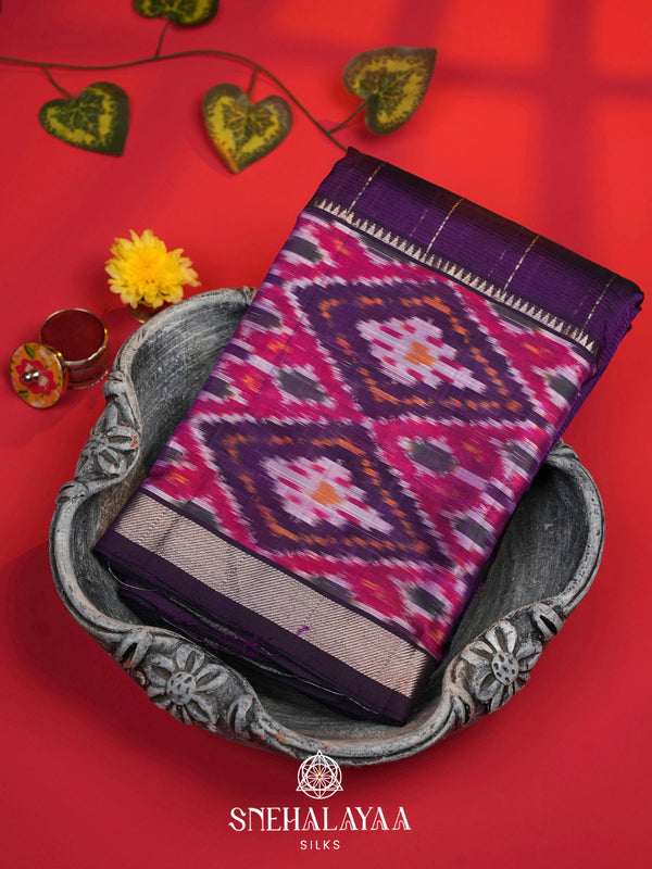 Purple Mangalagiri Silk Cotton Saree with Ikat Border