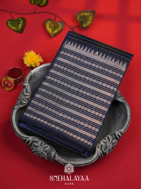 Blue Mangalagiri Silk Cotton Saree with Zari Border