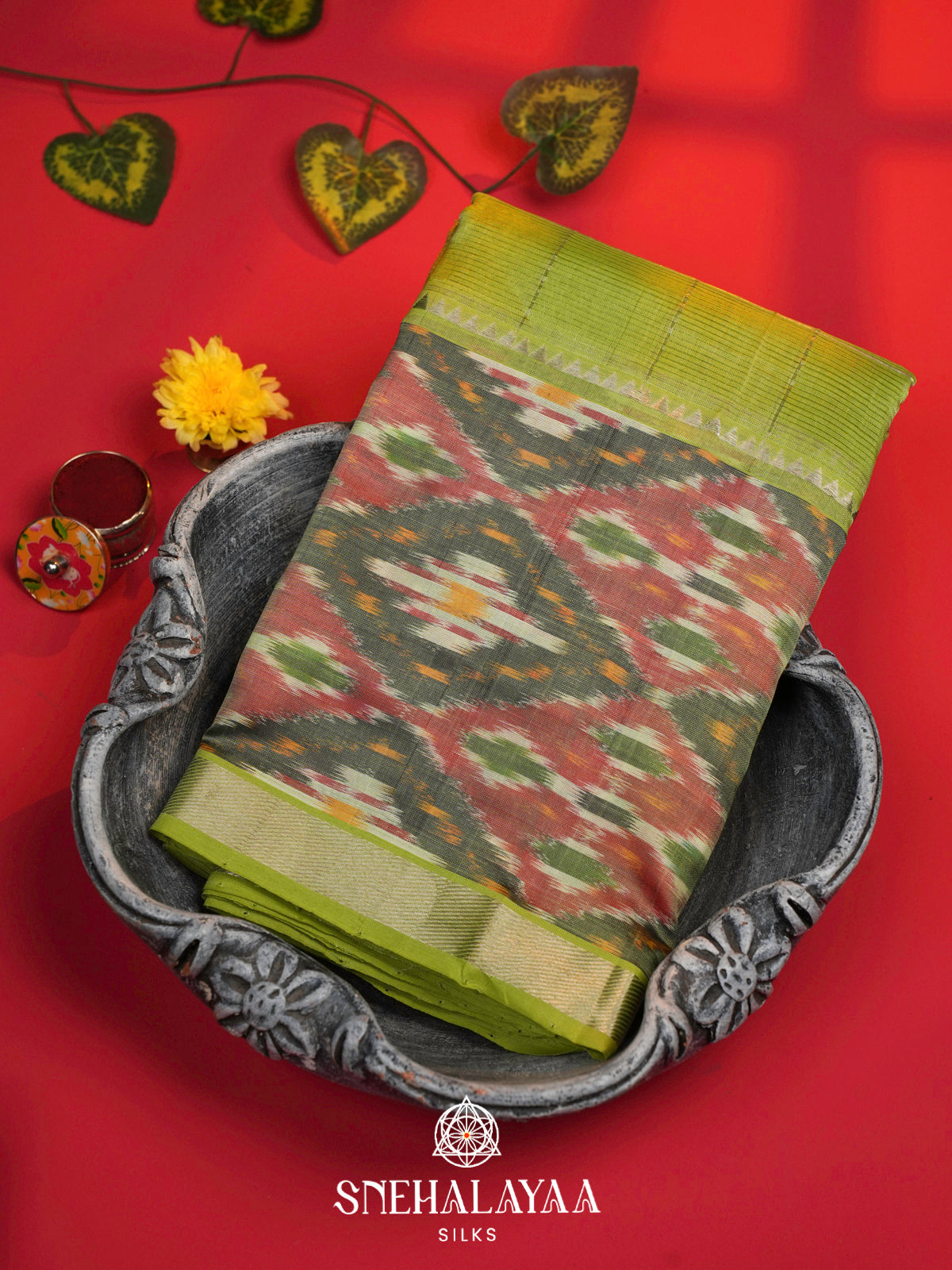 Green Mangalagiri Silk Cotton Saree with Ikat Border