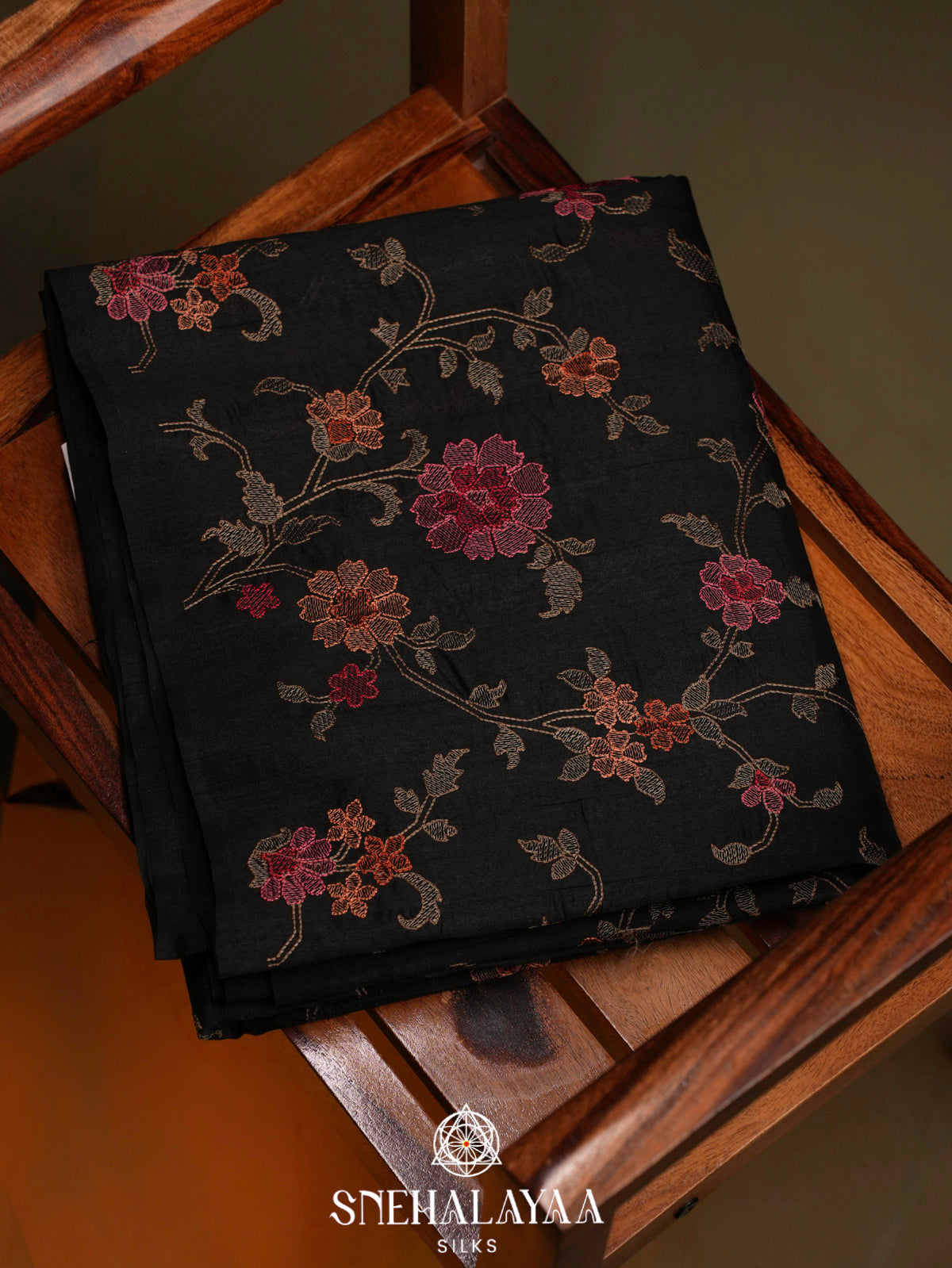 Black Raw Silk Embroidery Saree
