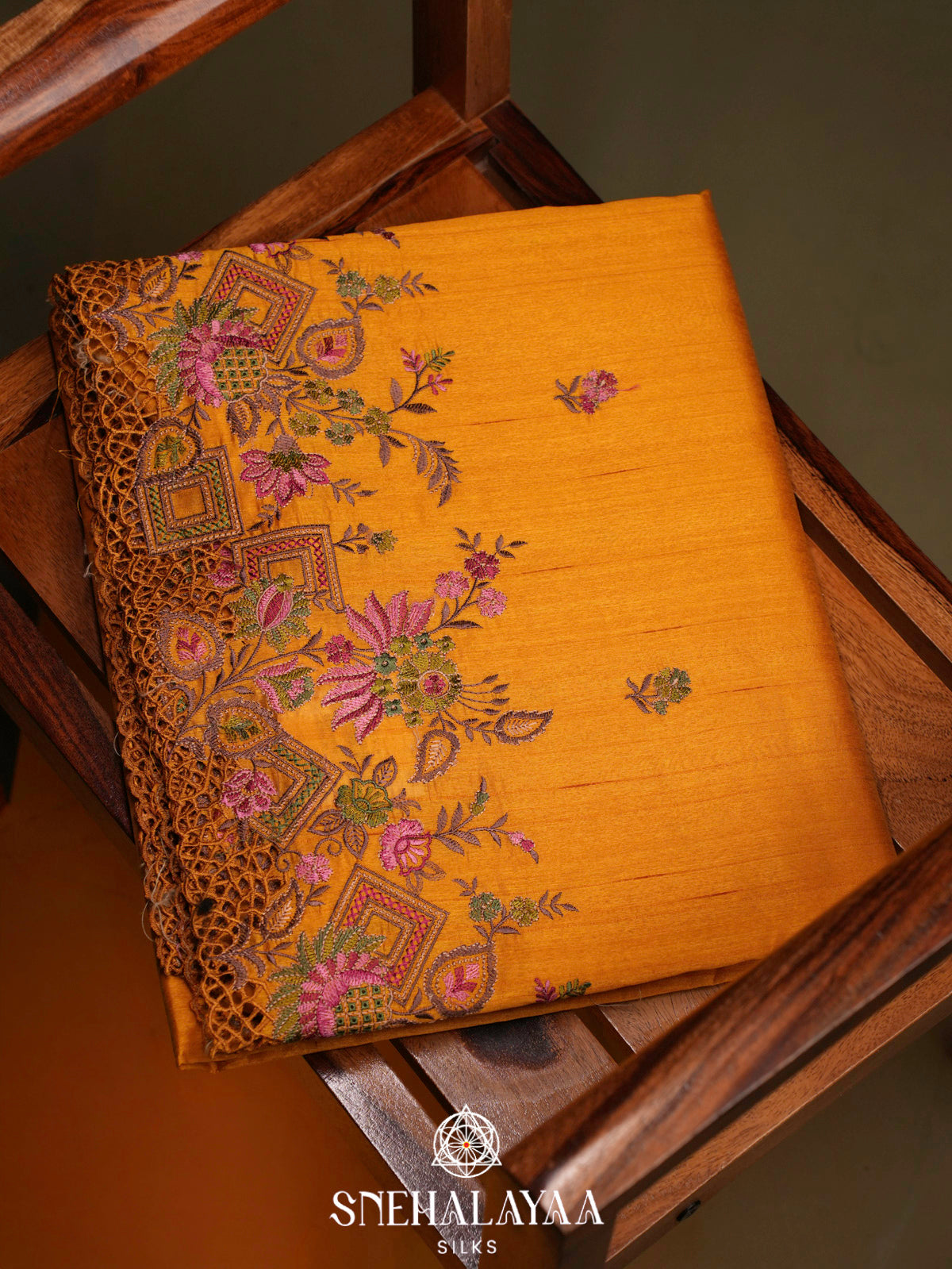 Mustard Yellow Raw Silk Embroidery Saree