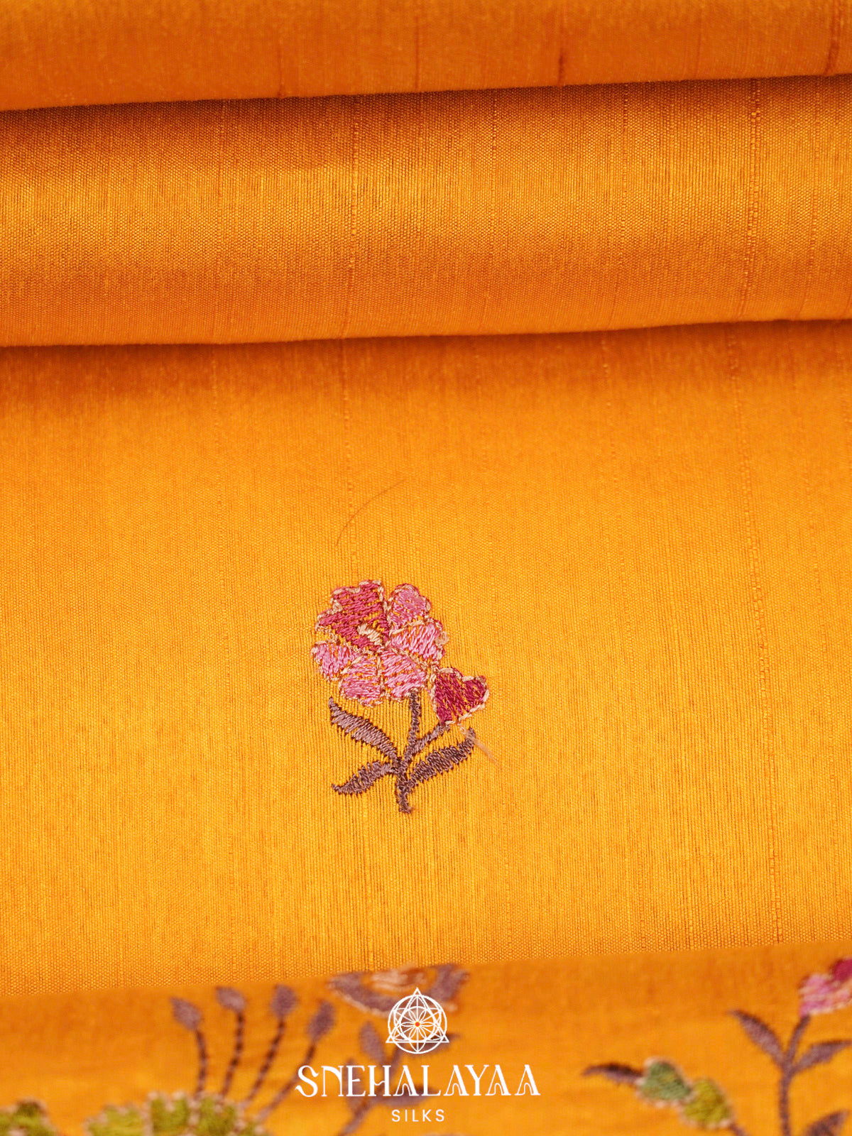 Mustard Yellow Raw Silk Embroidery Saree