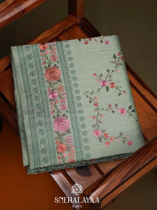 Sage Green Raw Silk Embroidery Saree