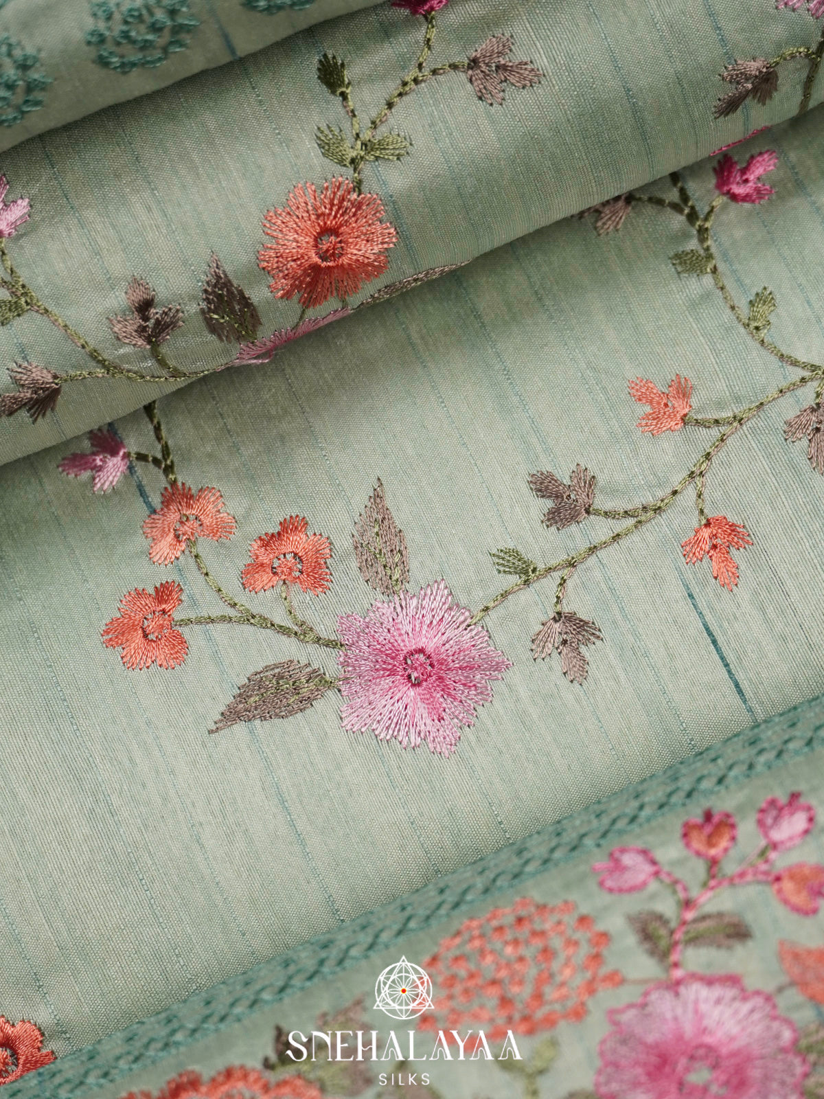 Sage Green Raw Silk Embroidery Saree