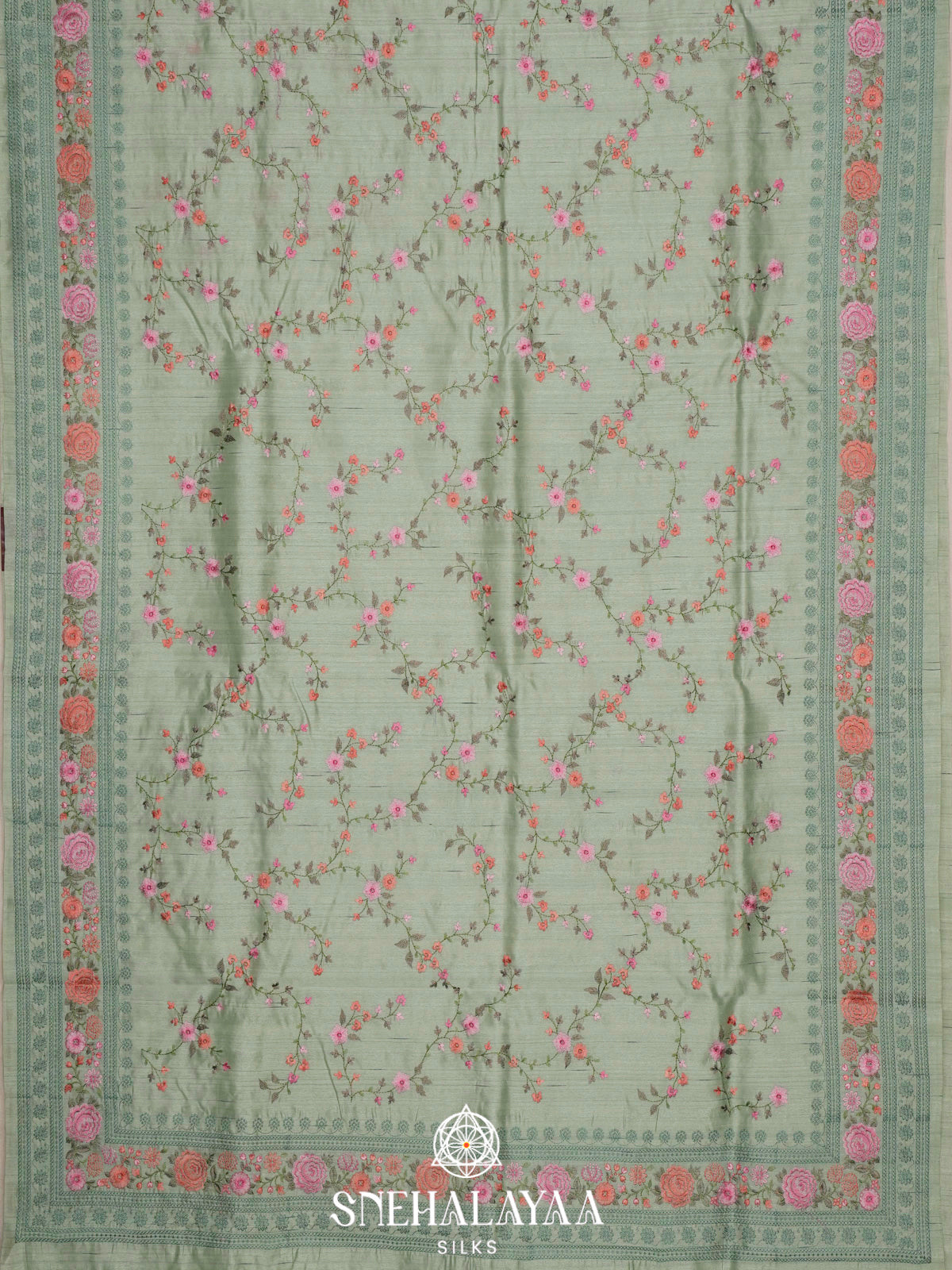 Sage Green Raw Silk Embroidery Saree