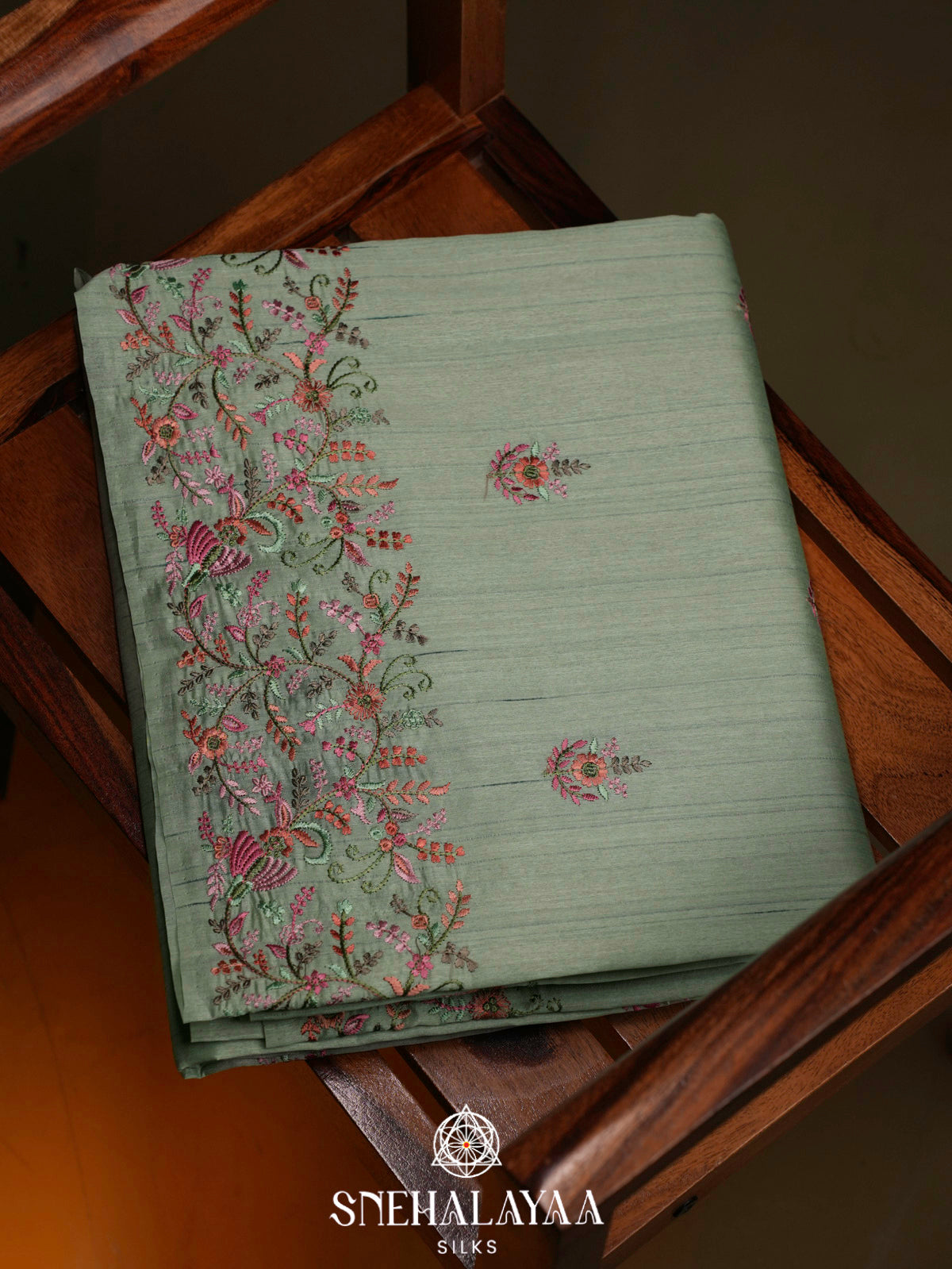 Sea Green Raw Silk Embroidery Saree