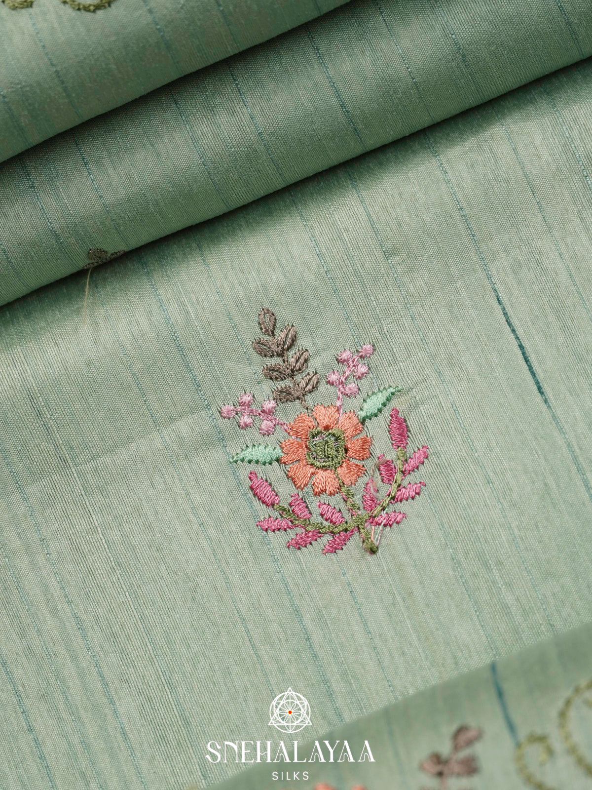 Sea Green Raw Silk Embroidery Saree