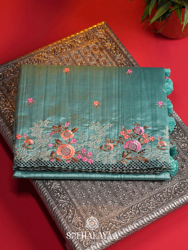 Dusty Teal Raw Silk Embroidery Saree