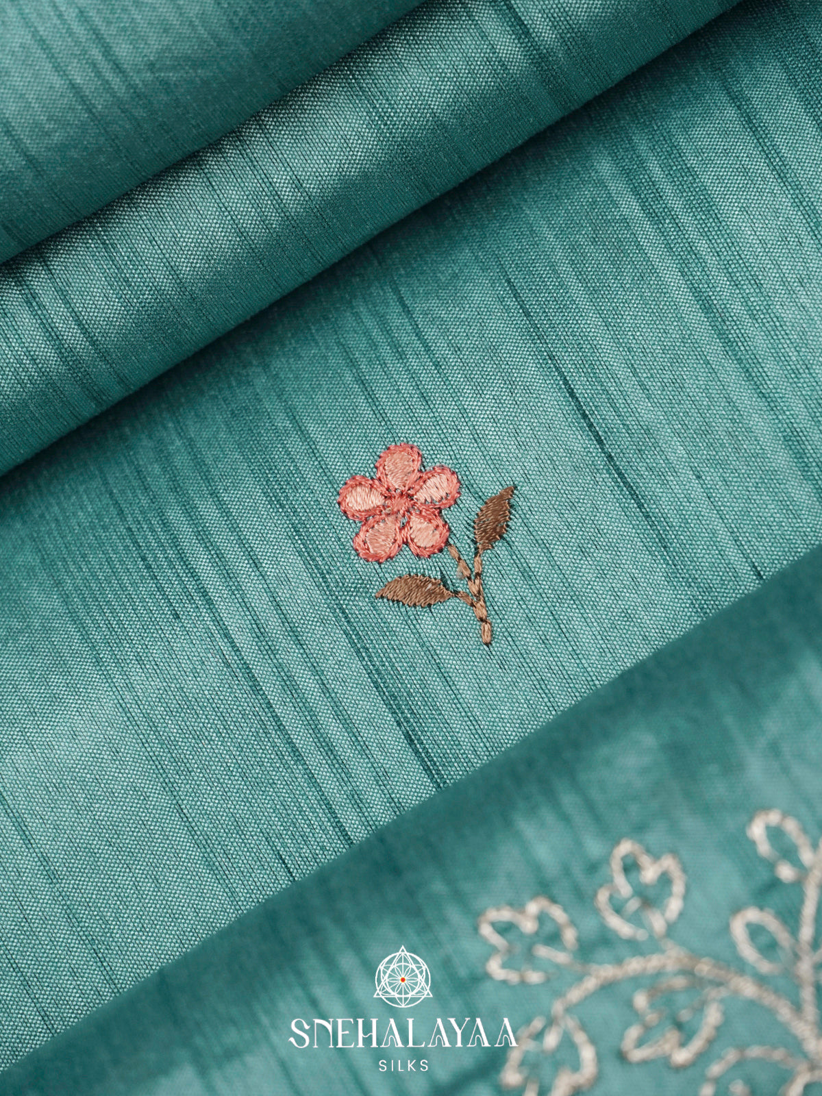 Dusty Teal Raw Silk Embroidery Saree
