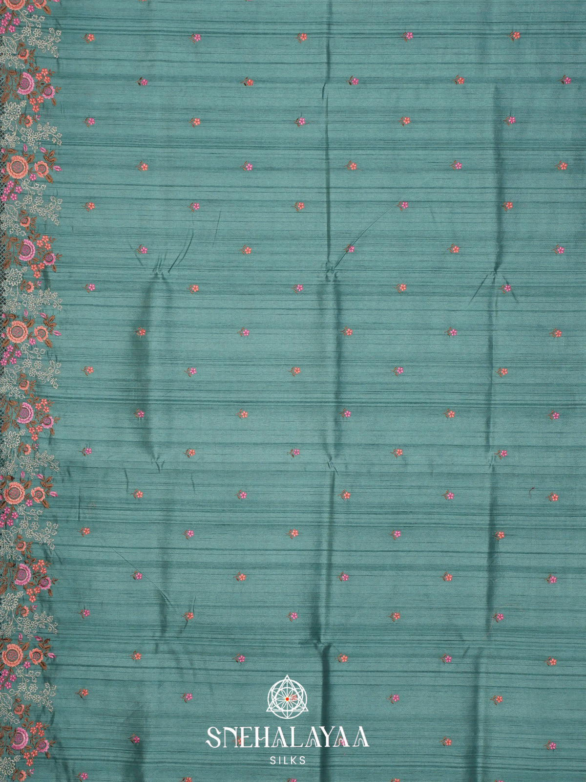 Dusty Teal Raw Silk Embroidery Saree