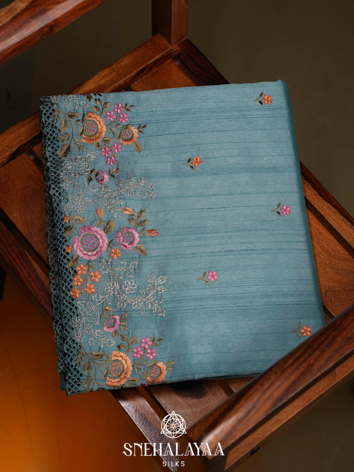 Blue Raw Silk Embroidery Saree