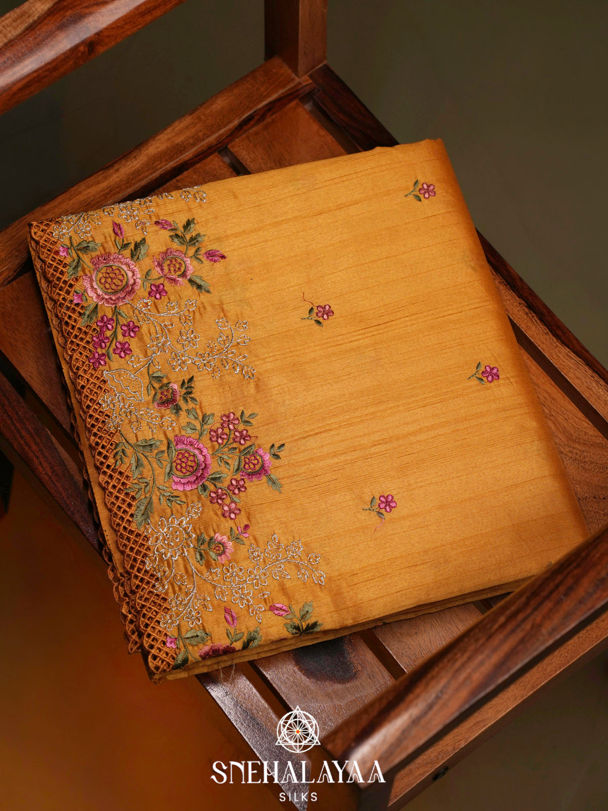 Yellow Raw Silk Embroidery Saree