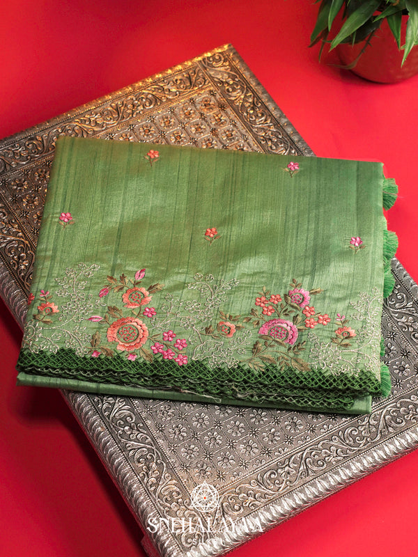 Green Raw Silk Embroidery Saree