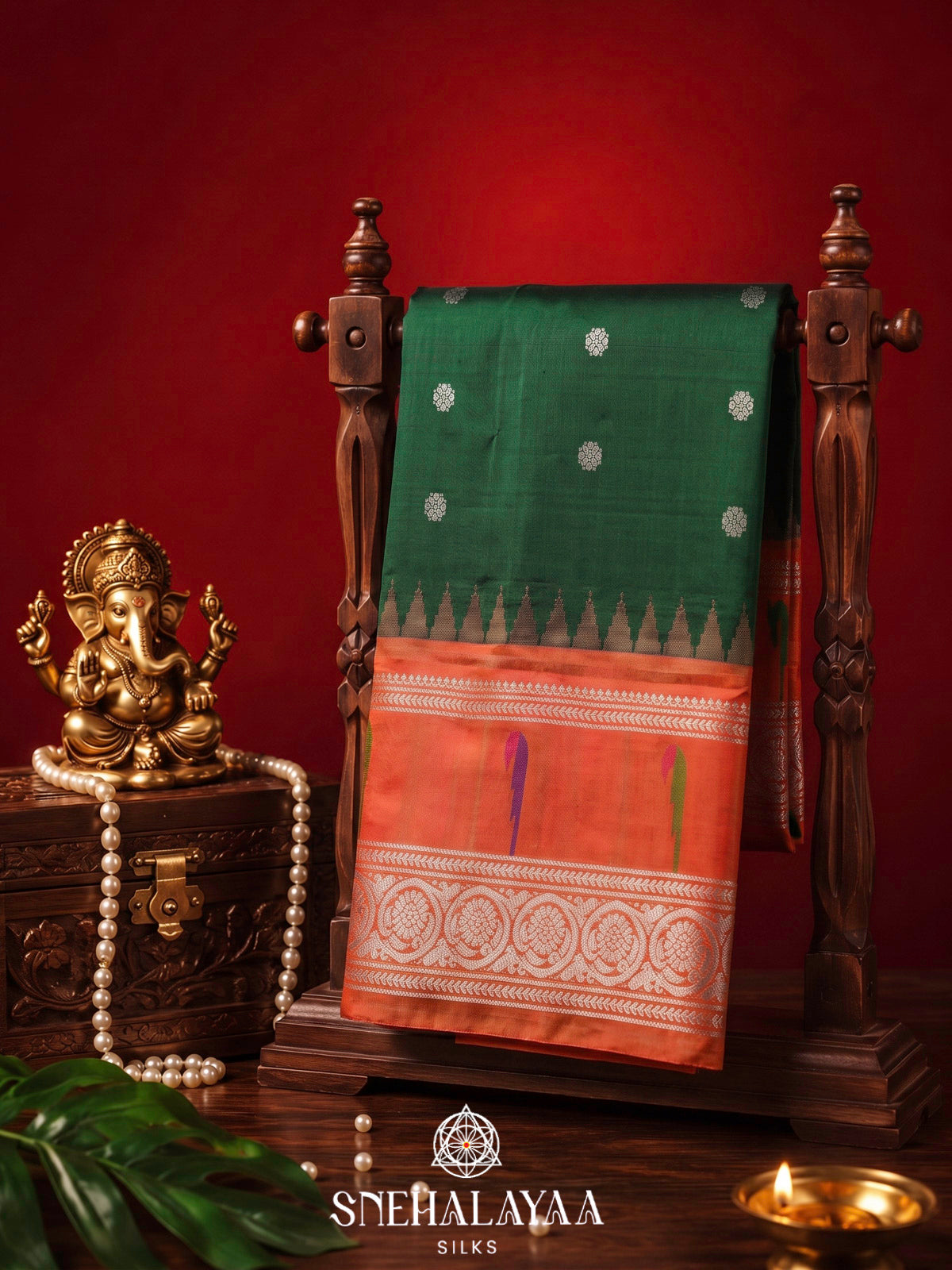 Emerald Green Gadwal Silk Saree with Contrast Coral Orange Zari Border