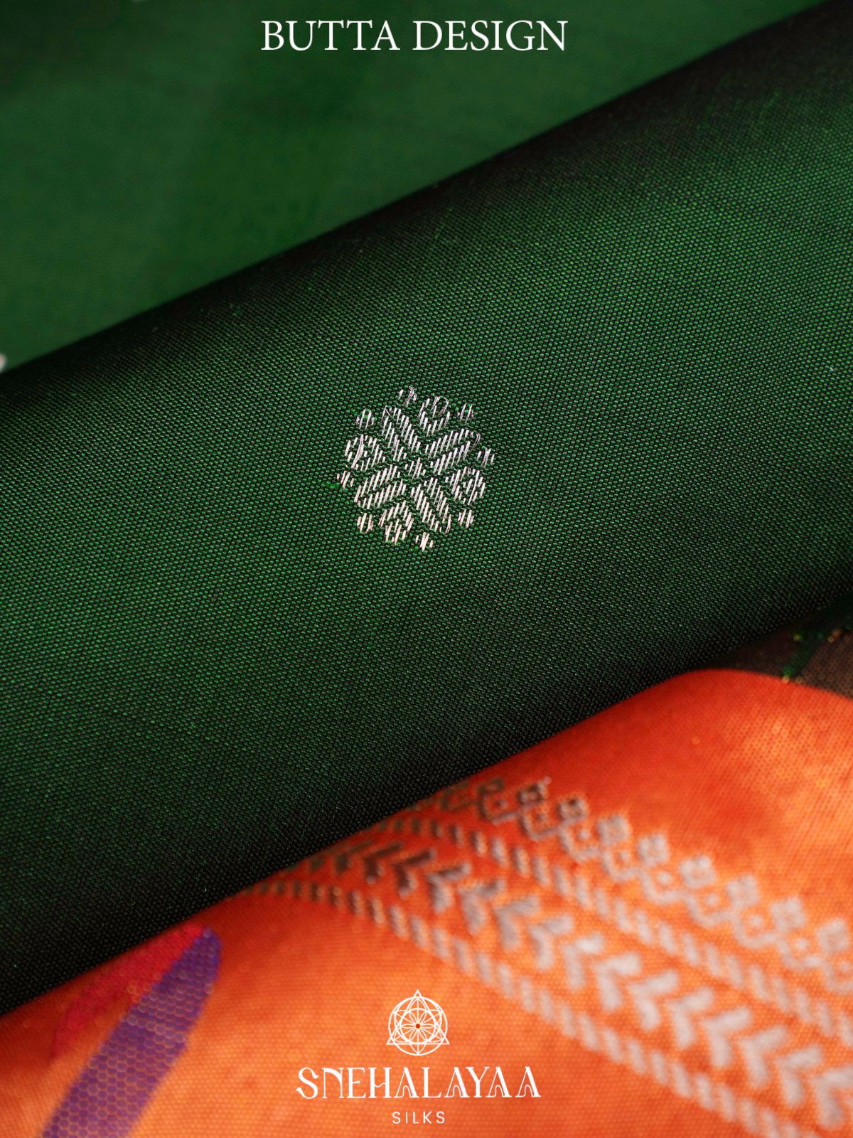 Emerald Green Gadwal Silk Saree with Contrast Coral Orange Zari Border