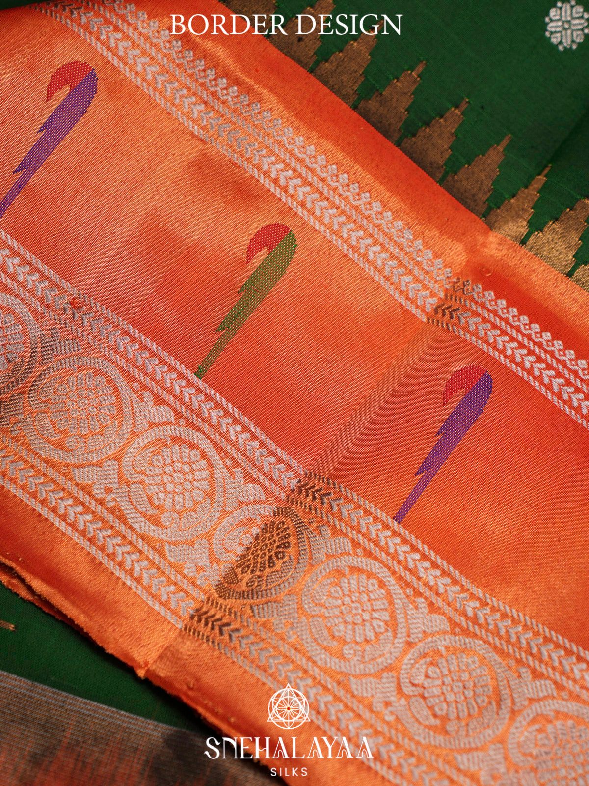 Emerald Green Gadwal Silk Saree with Contrast Coral Orange Zari Border