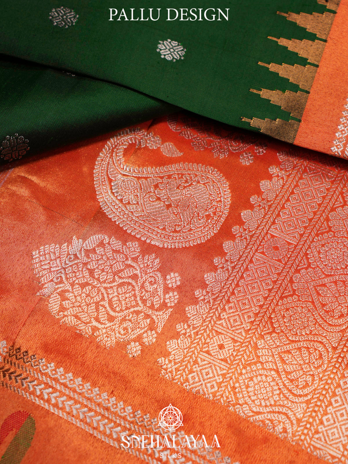 Emerald Green Gadwal Silk Saree with Contrast Coral Orange Zari Border