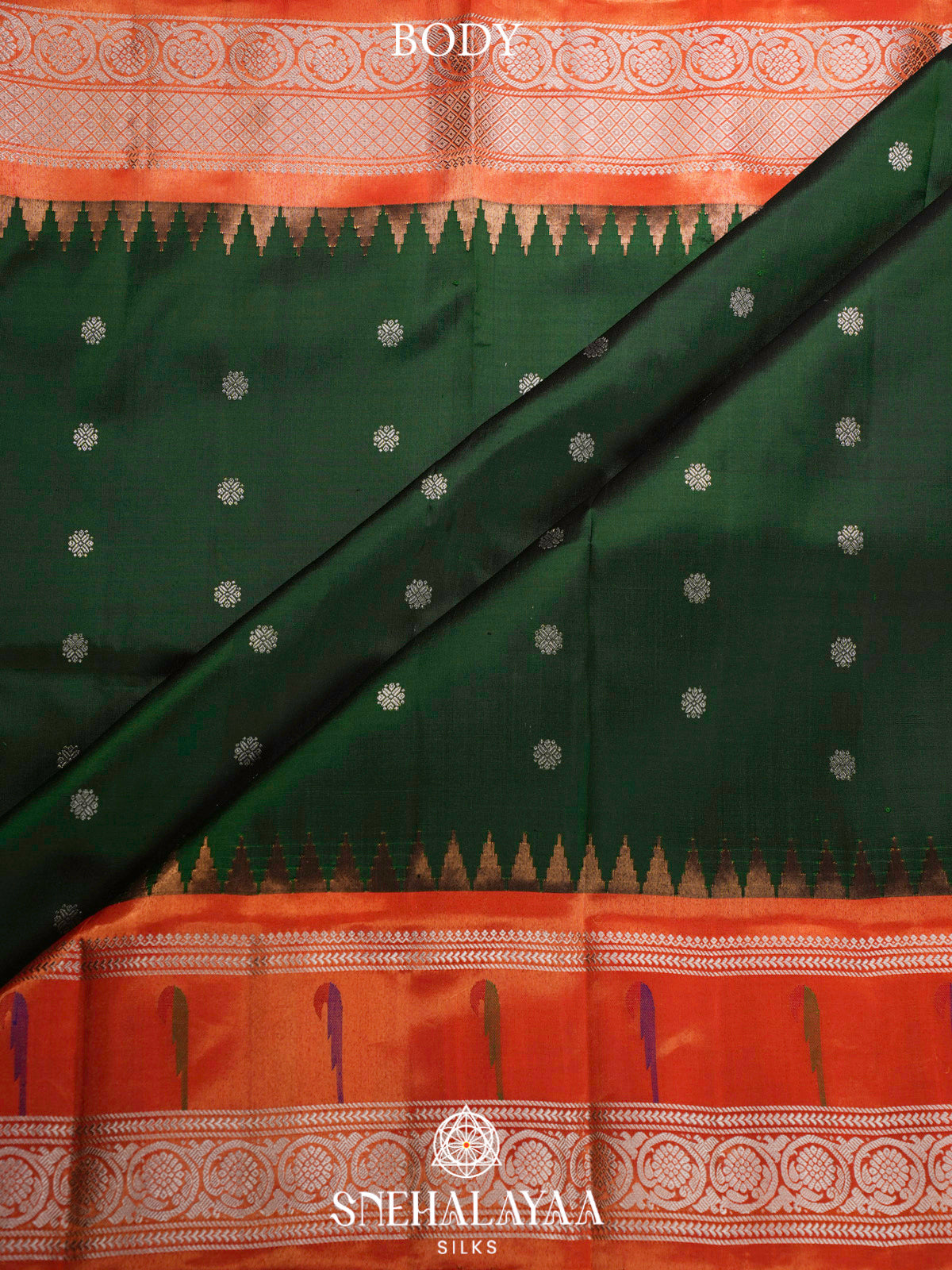 Emerald Green Gadwal Silk Saree with Contrast Coral Orange Zari Border