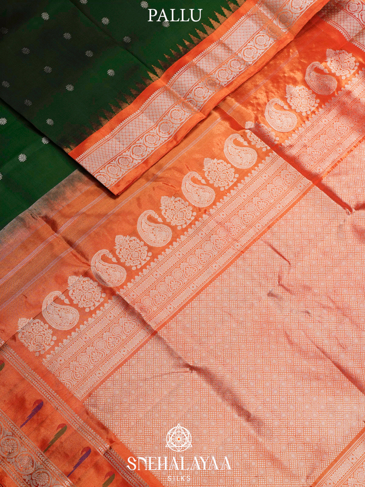 Emerald Green Gadwal Silk Saree with Contrast Coral Orange Zari Border