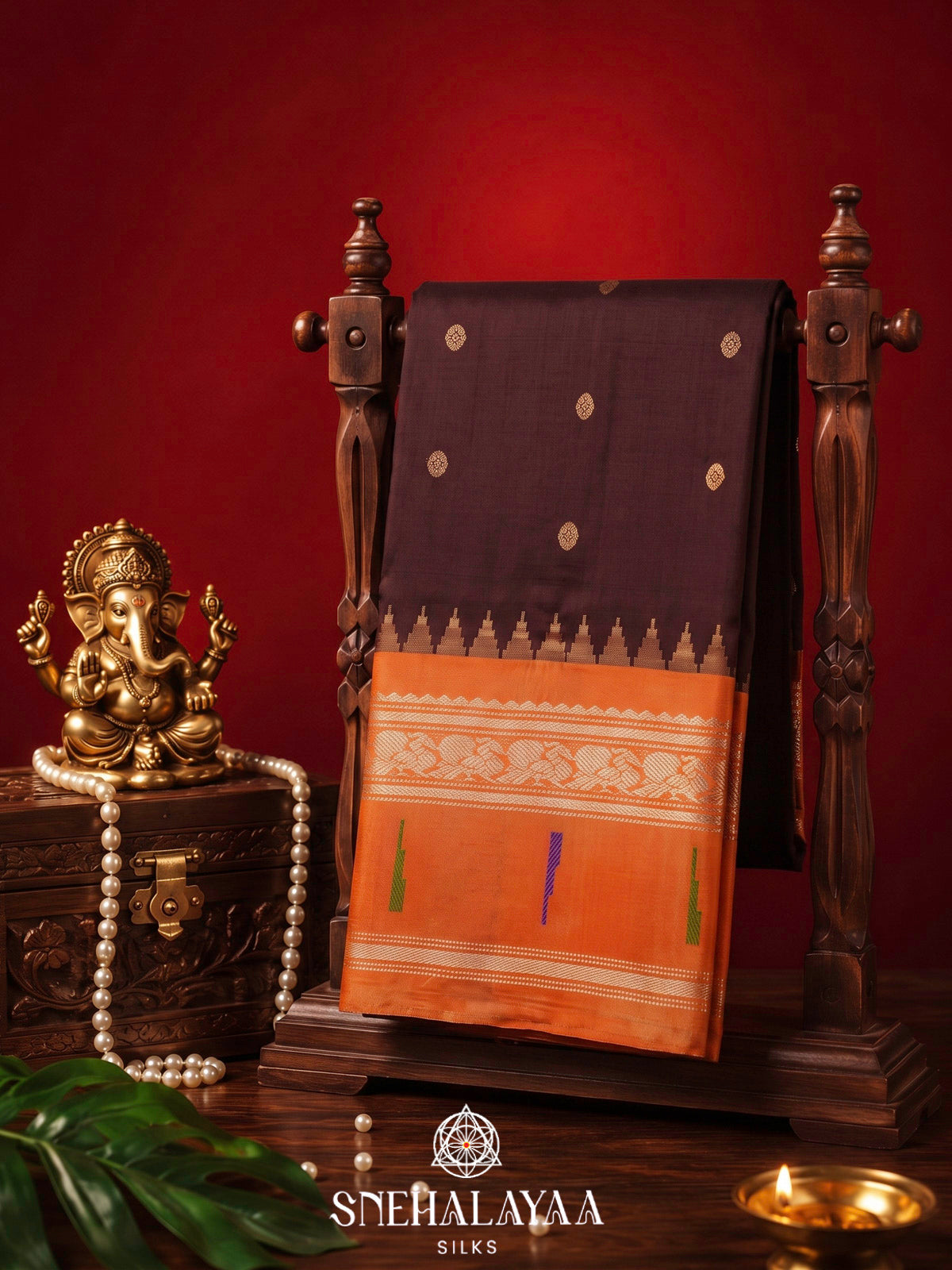 Dark Coffee Brown Gadwal Silk Saree with Contrast Orange Zari Border