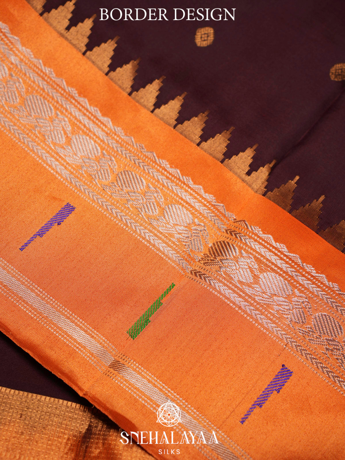 Dark Coffee Brown Gadwal Silk Saree with Contrast Orange Zari Border