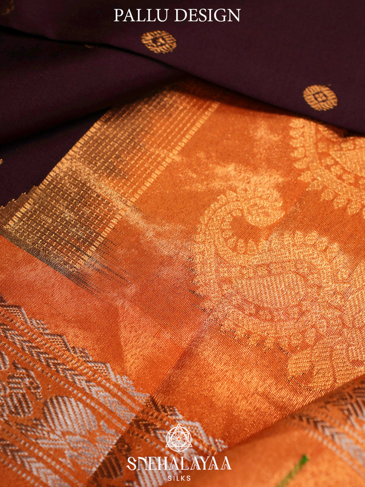 Dark Coffee Brown Gadwal Silk Saree with Contrast Orange Zari Border