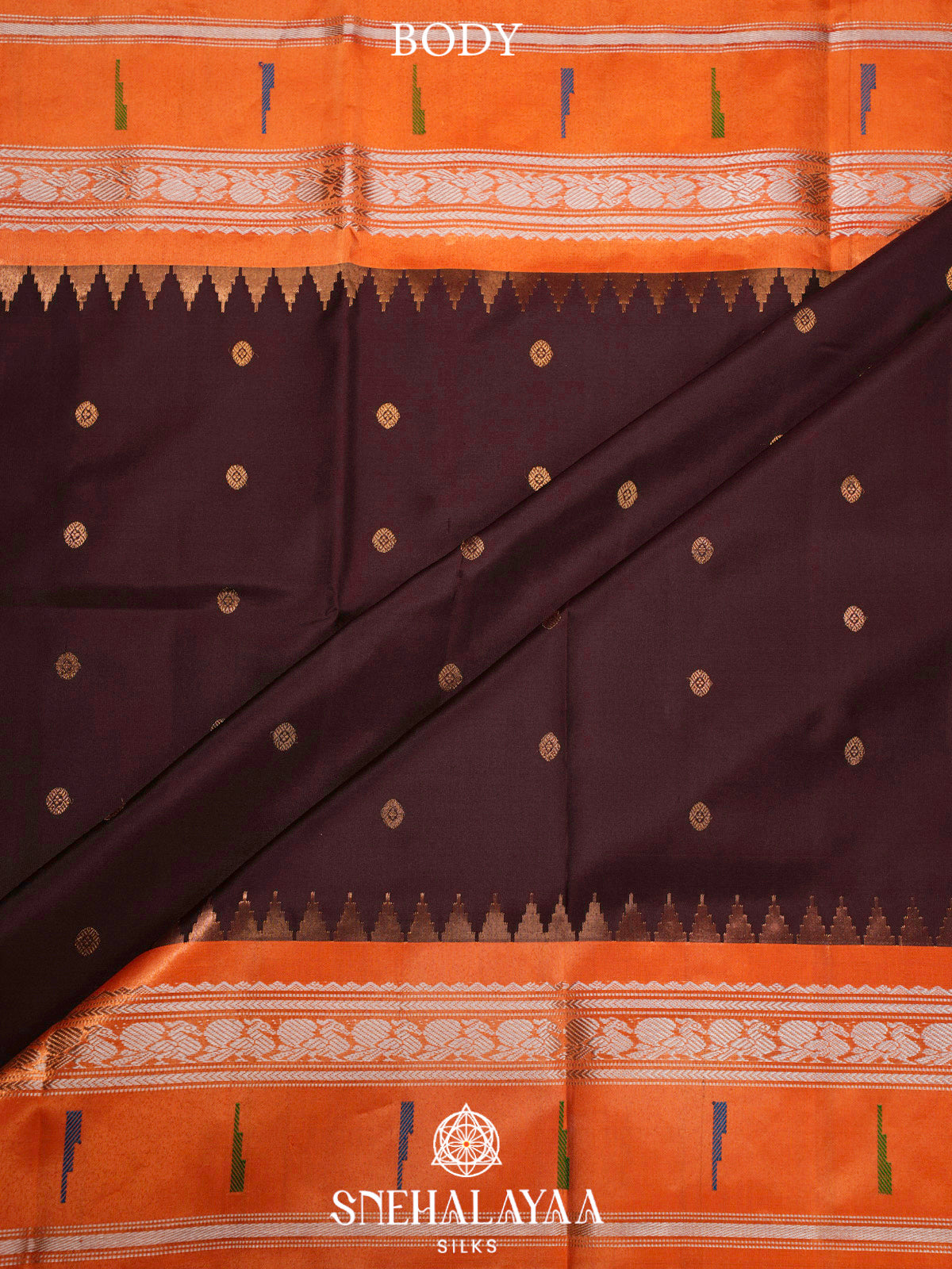 Dark Coffee Brown Gadwal Silk Saree with Contrast Orange Zari Border