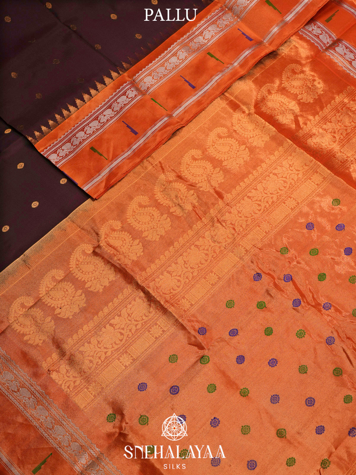 Dark Coffee Brown Gadwal Silk Saree with Contrast Orange Zari Border