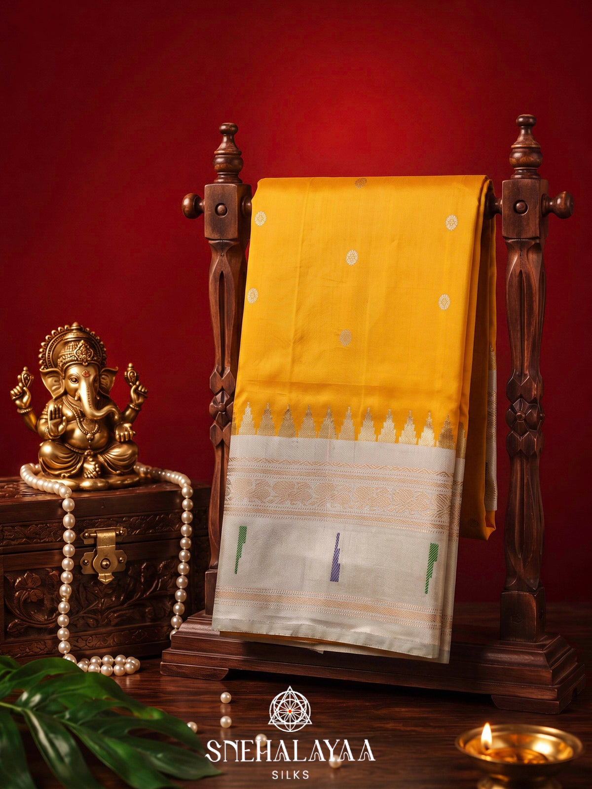 Mustard Yellow Gadwal Silk Saree with Contrast Silver Zari Border