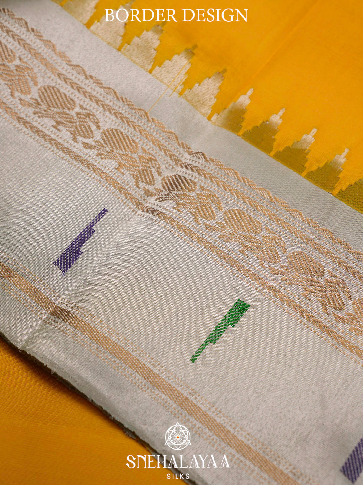 Mustard Yellow Gadwal Silk Saree with Contrast Silver Zari Border