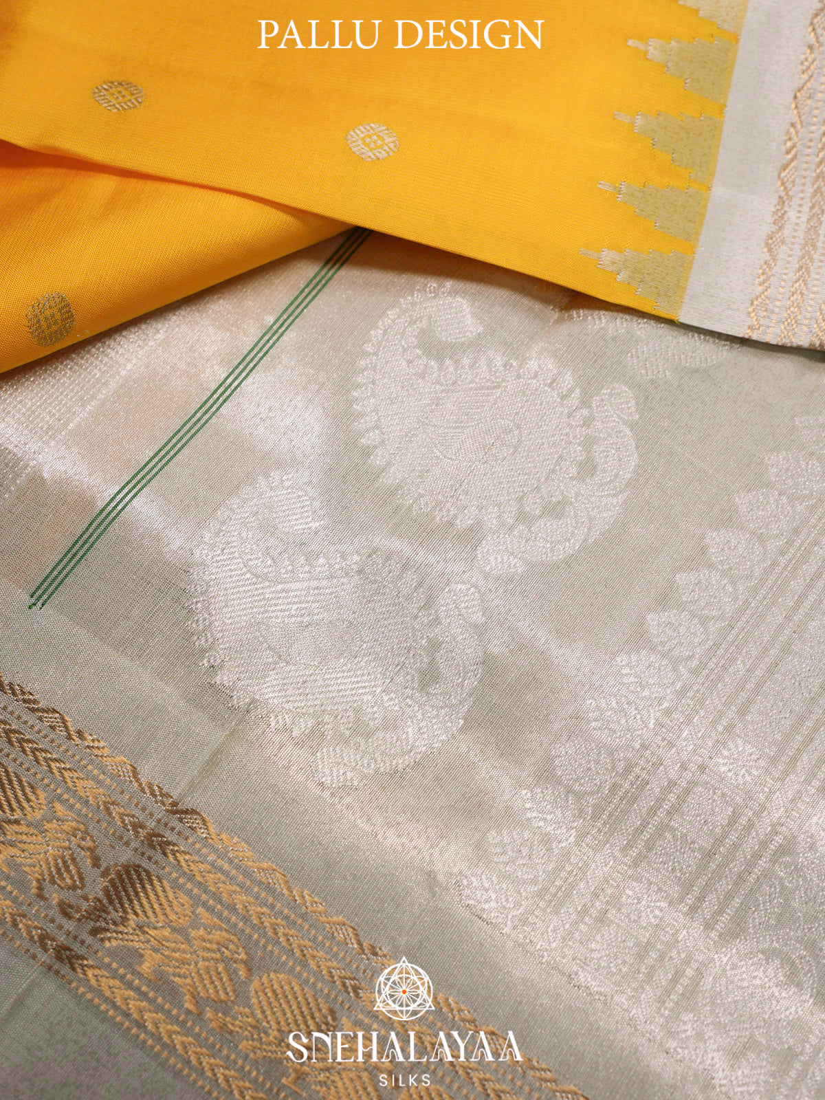 Mustard Yellow Gadwal Silk Saree with Contrast Silver Zari Border