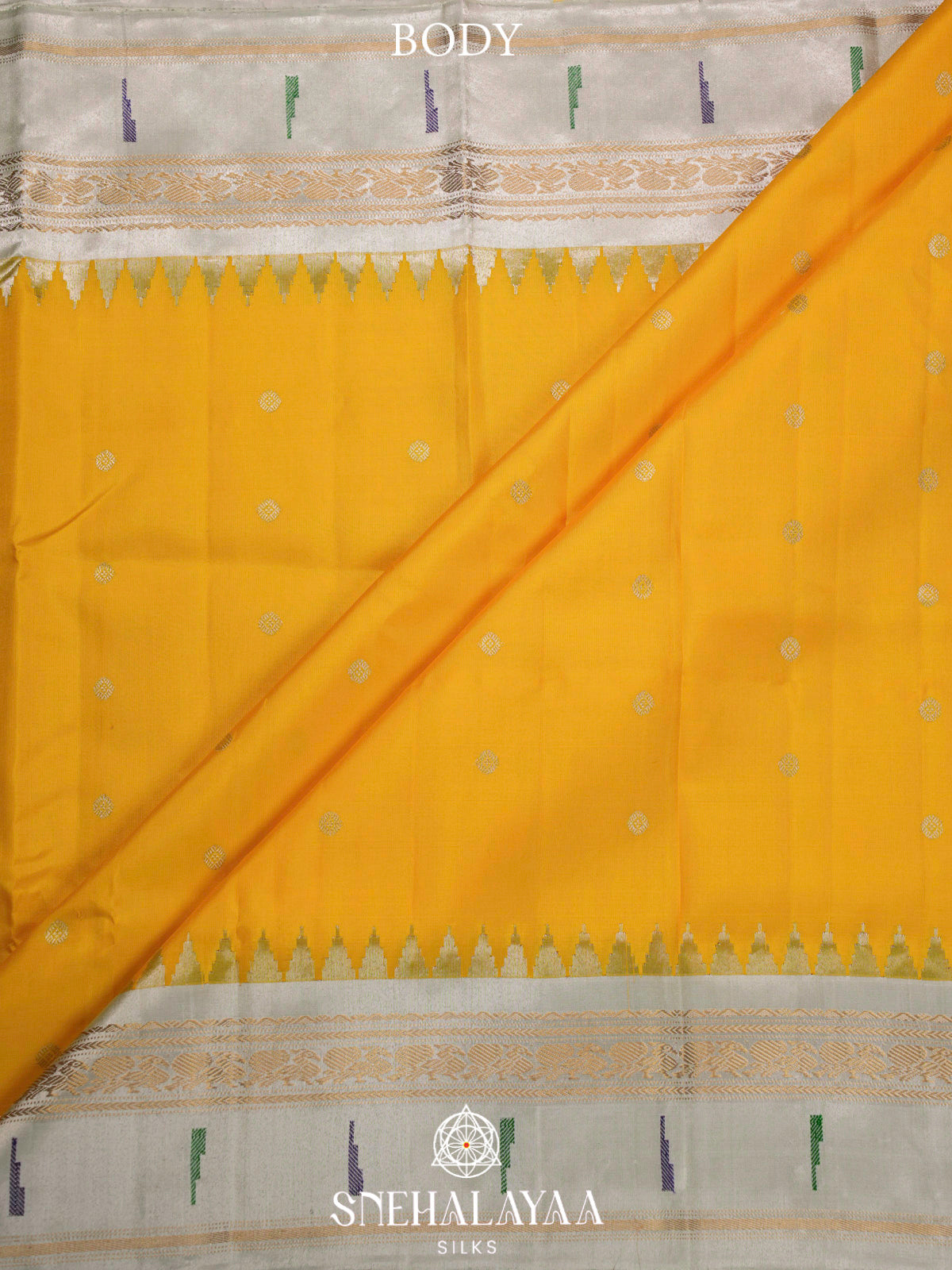Mustard Yellow Gadwal Silk Saree with Contrast Silver Zari Border