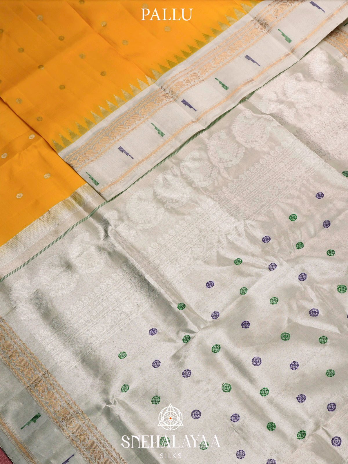 Mustard Yellow Gadwal Silk Saree with Contrast Silver Zari Border