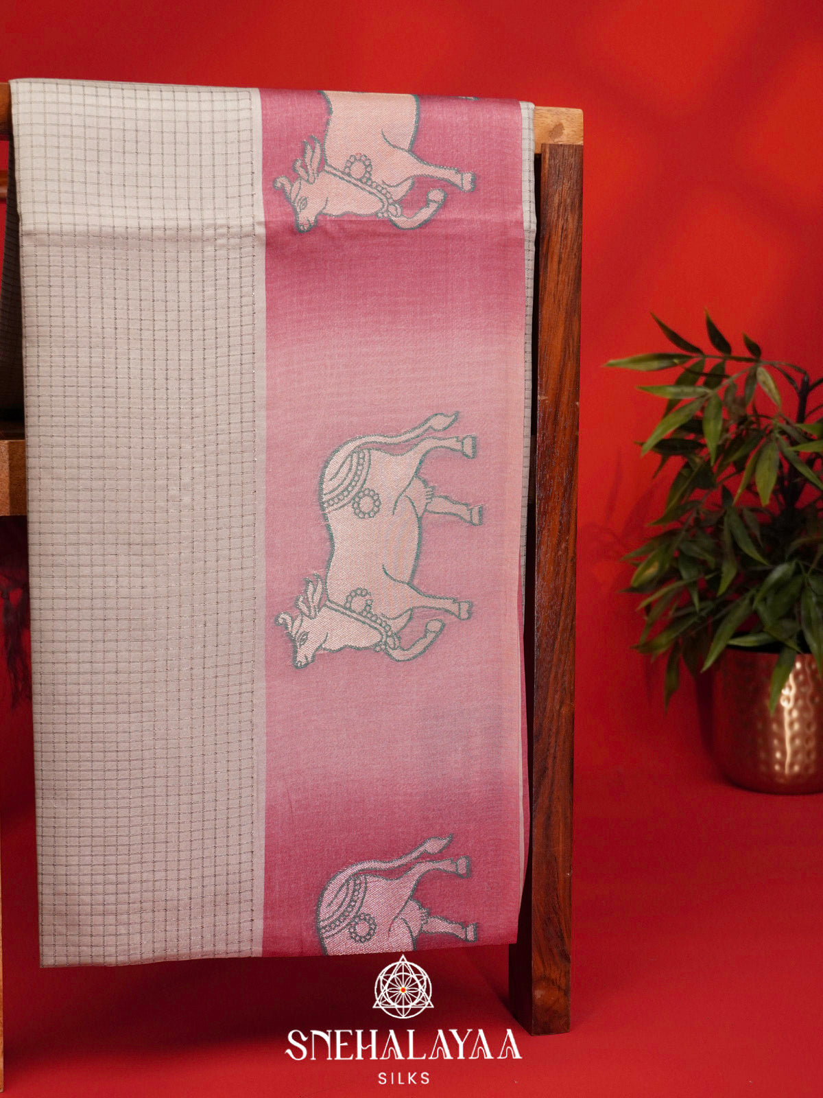 Beige With Pink Border Tussar Saree