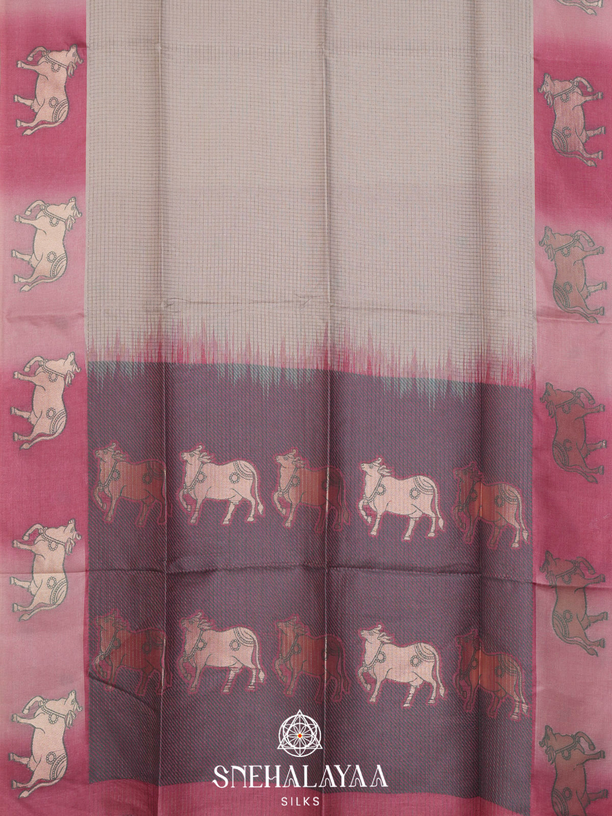 Beige With Pink Border Tussar Saree