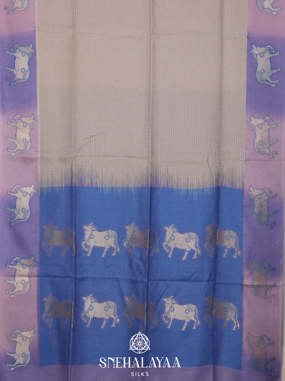Beige With Blue Border Tussar Saree