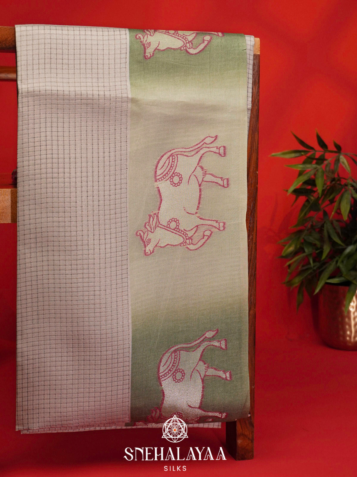 Beige With Green Border Tussar Saree
