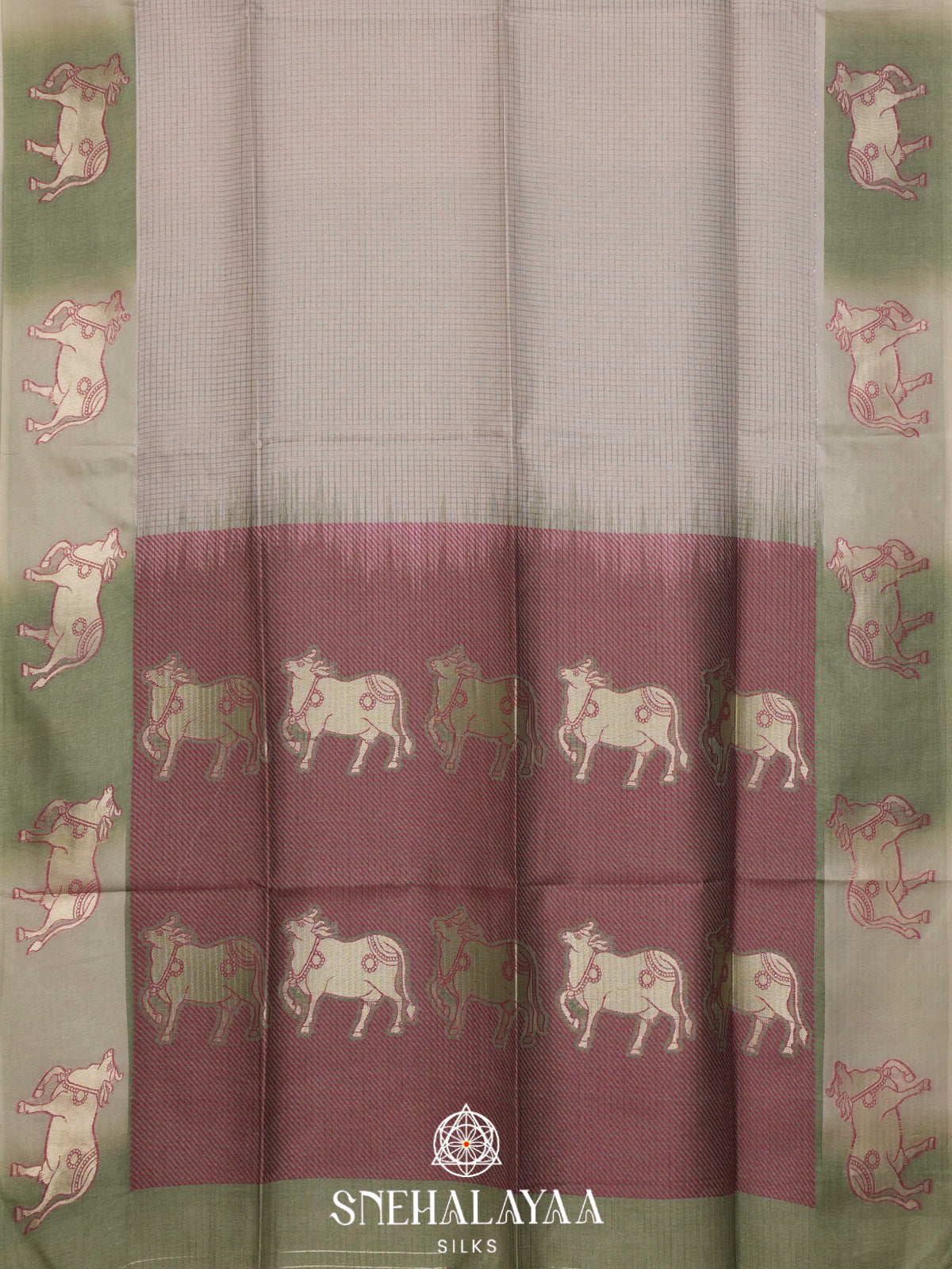 Beige With Green Border Tussar Saree