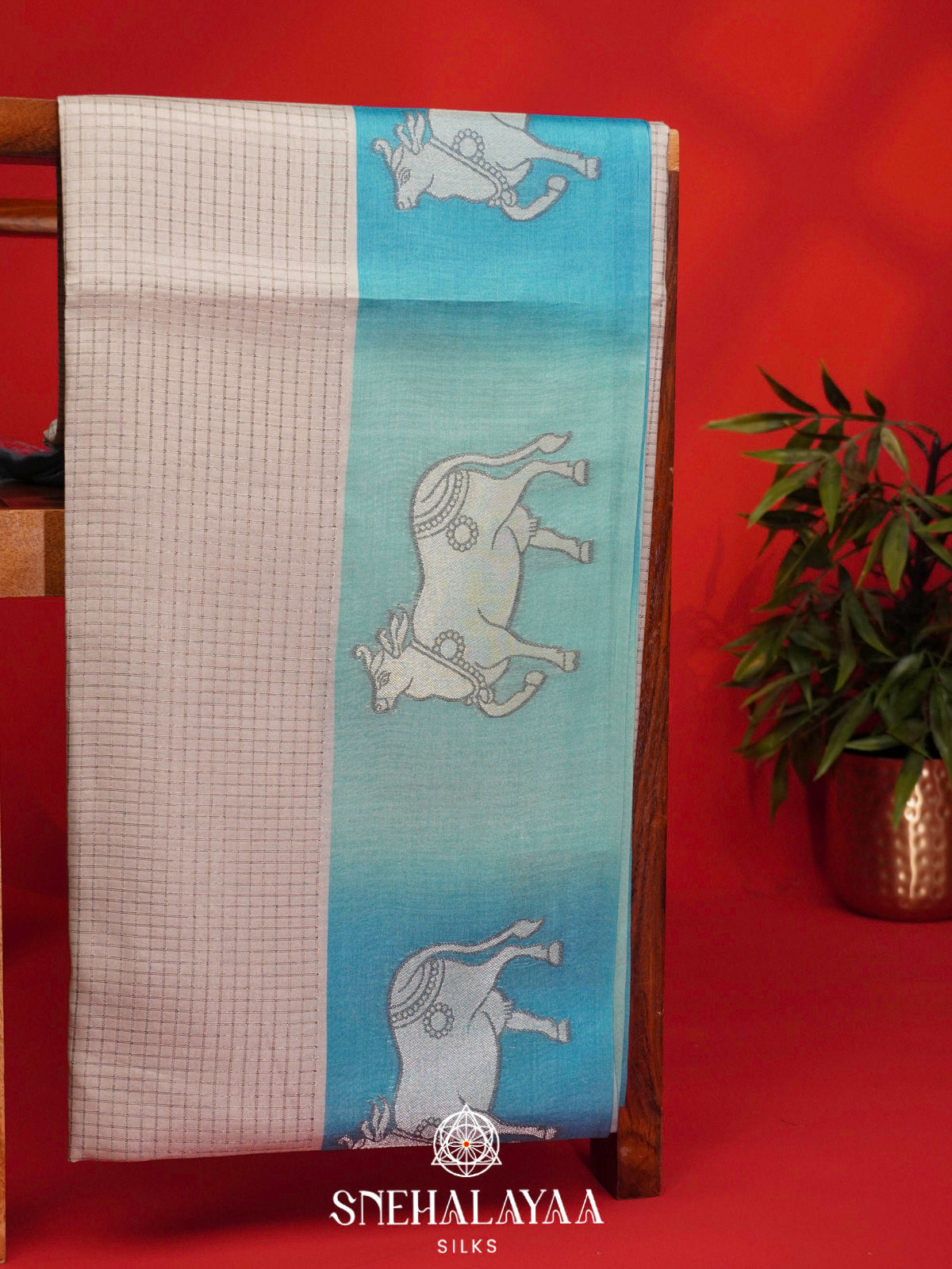 Beige With Blue Border Tussar Saree