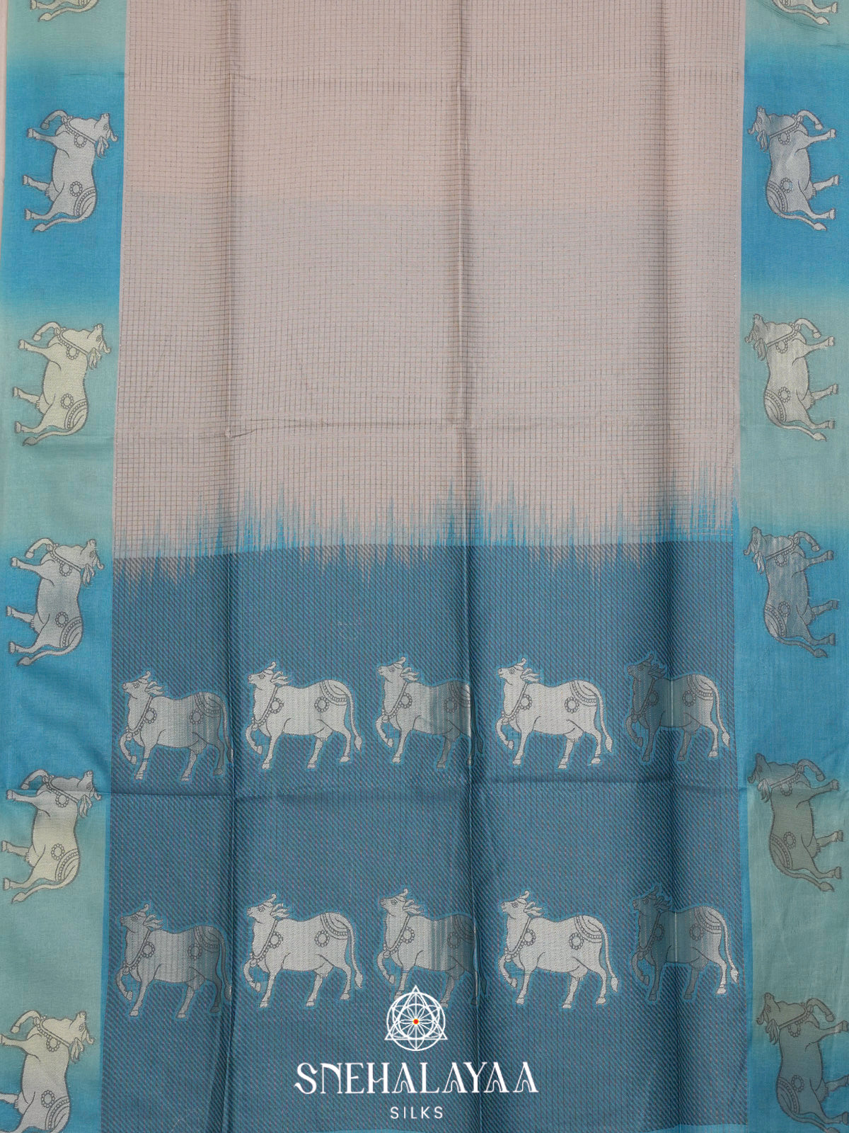 Beige With Blue Border Tussar Saree