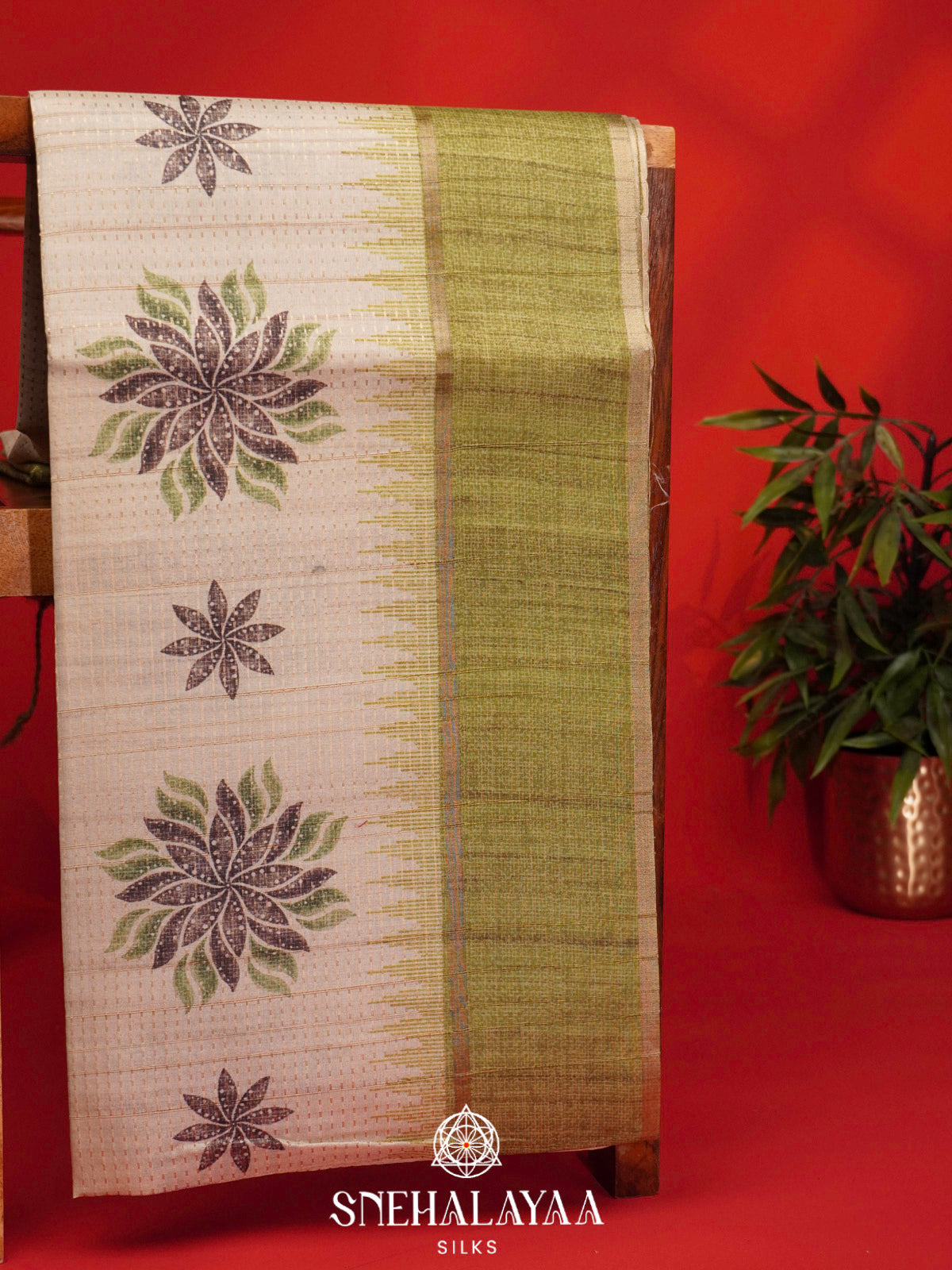 Cream with Lime Green Border Tussar Saree