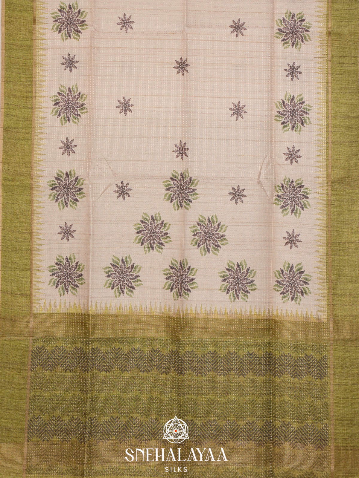Cream with Lime Green Border Tussar Saree