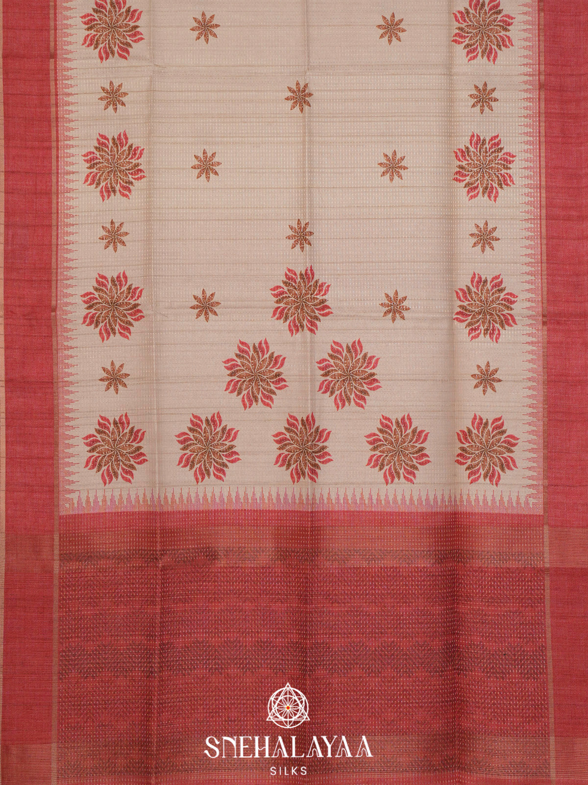 Cream With Maroon Border Tussar Saree