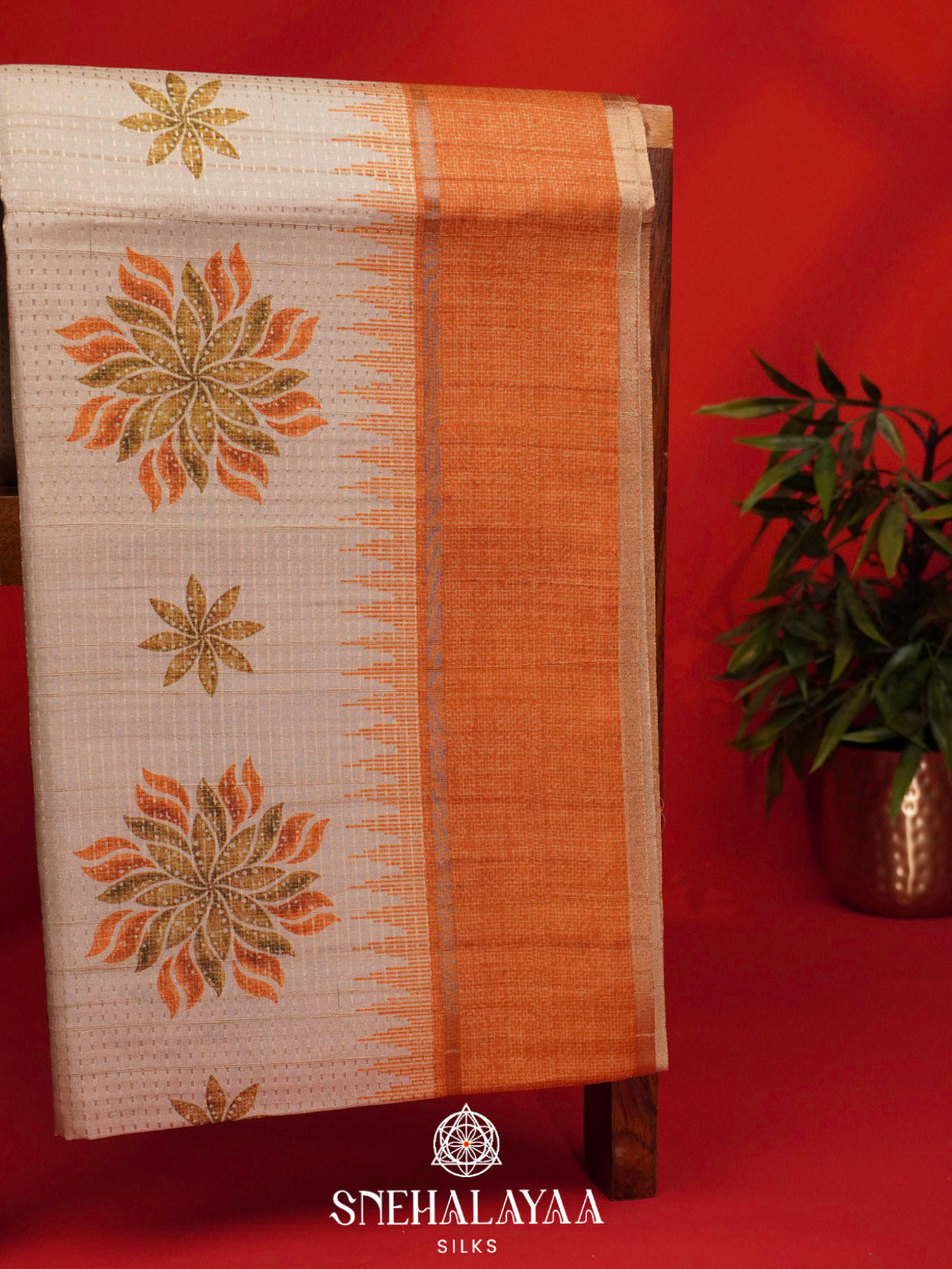 Cream With Orange Border Tussar Saree